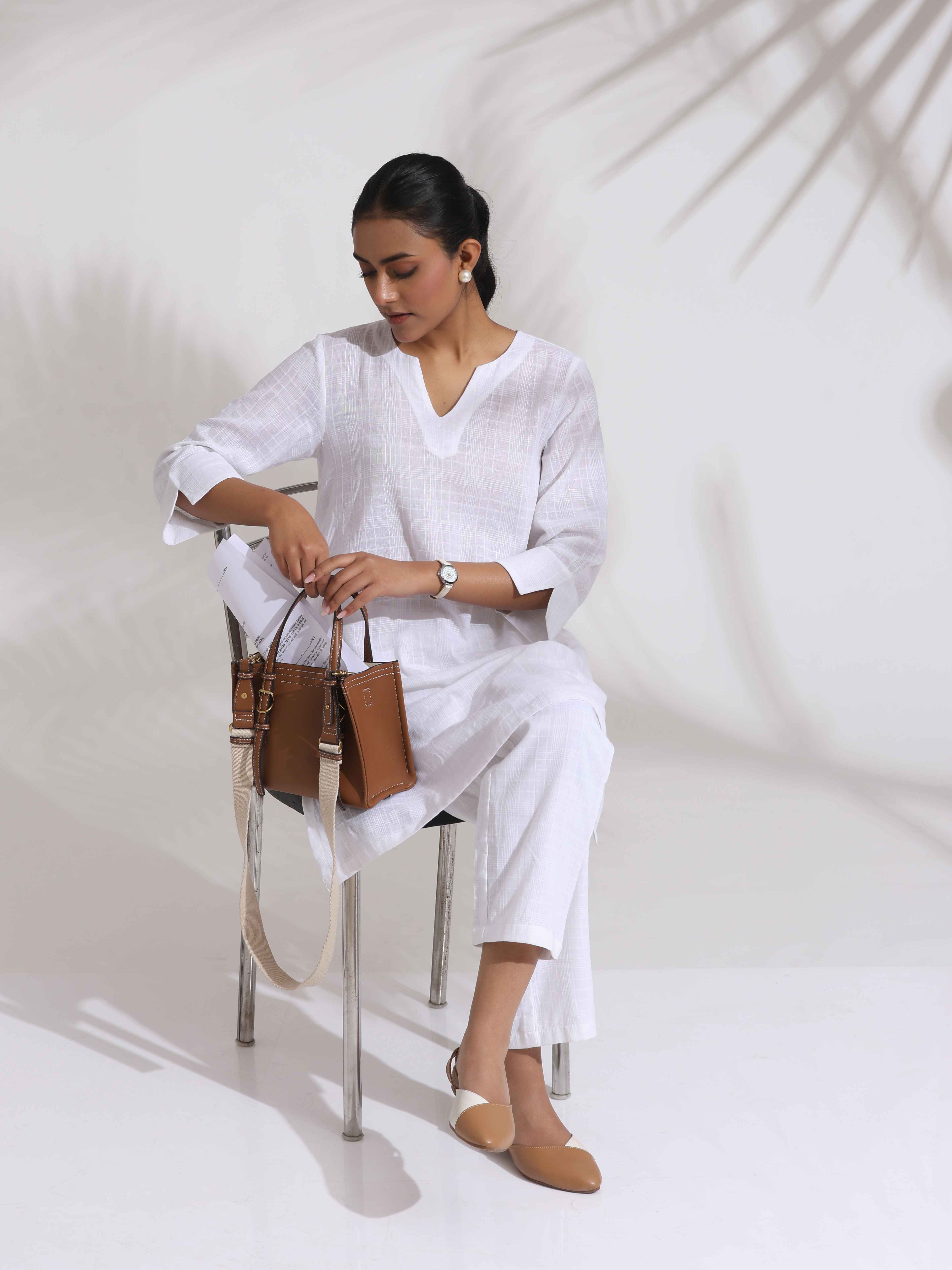 trueBrowns White Cotton Check Kurta Co-ord Set