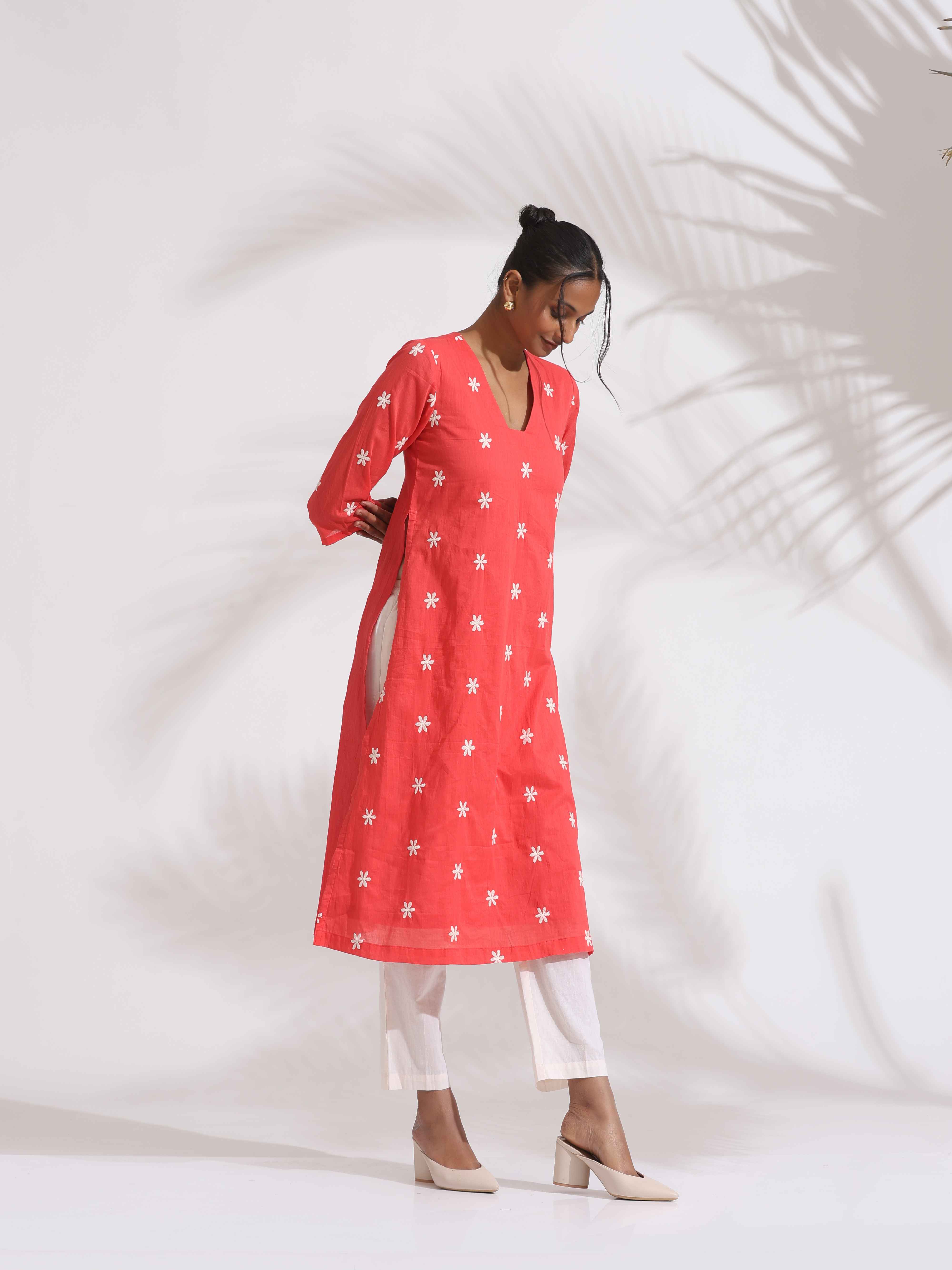 trueBrowns Orange Cotton Floral Embroidered Kurta Set