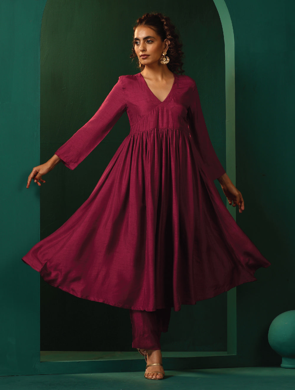 trueBrowns Maroon Silk Angrakha Kurta Pant Set