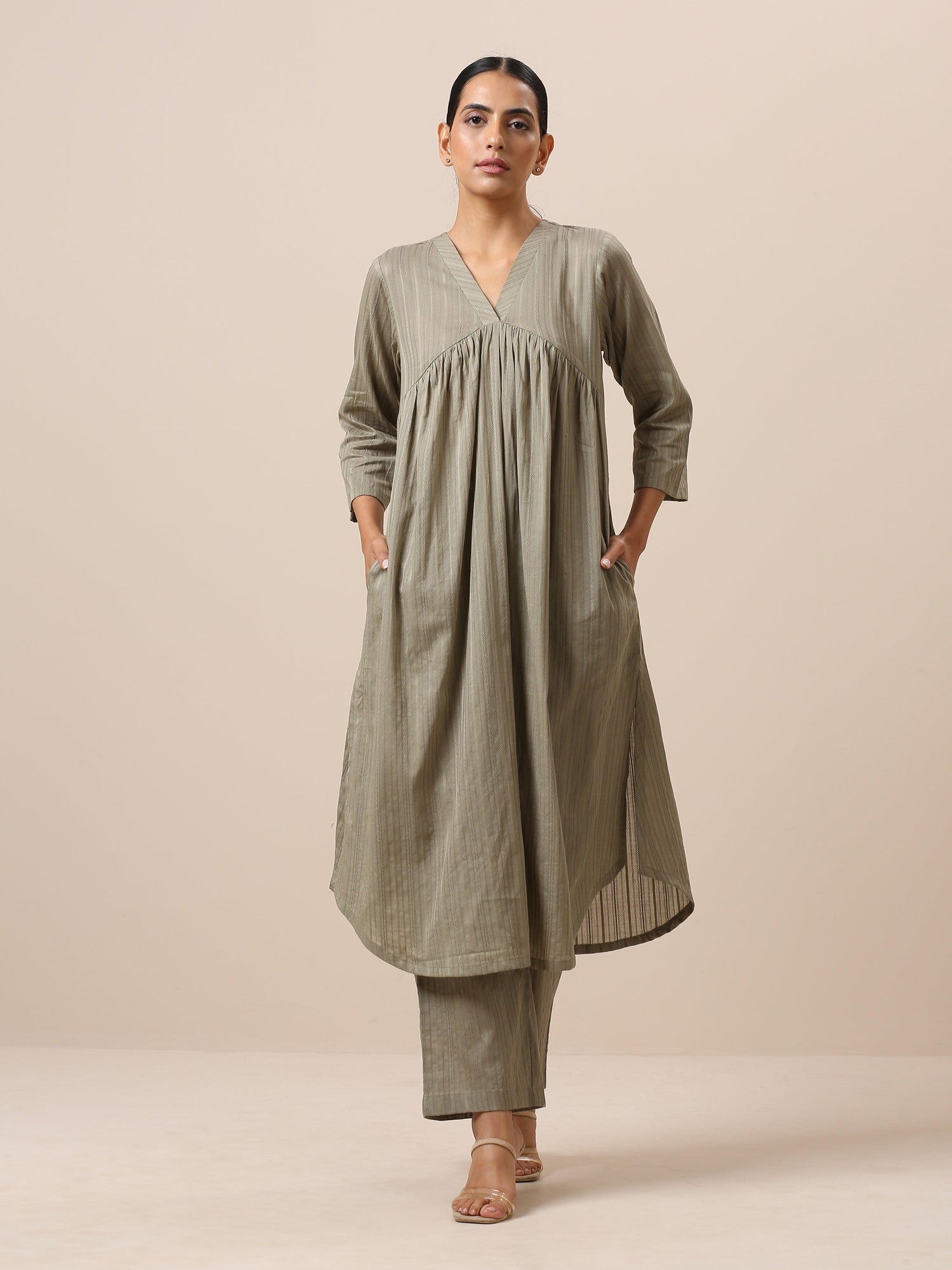 Cotton Olive Green Flared Slit Kurta Pant Set - trueBrowns