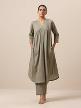 Cotton Olive Green Flared Slit Kurta Pant Set - trueBrowns