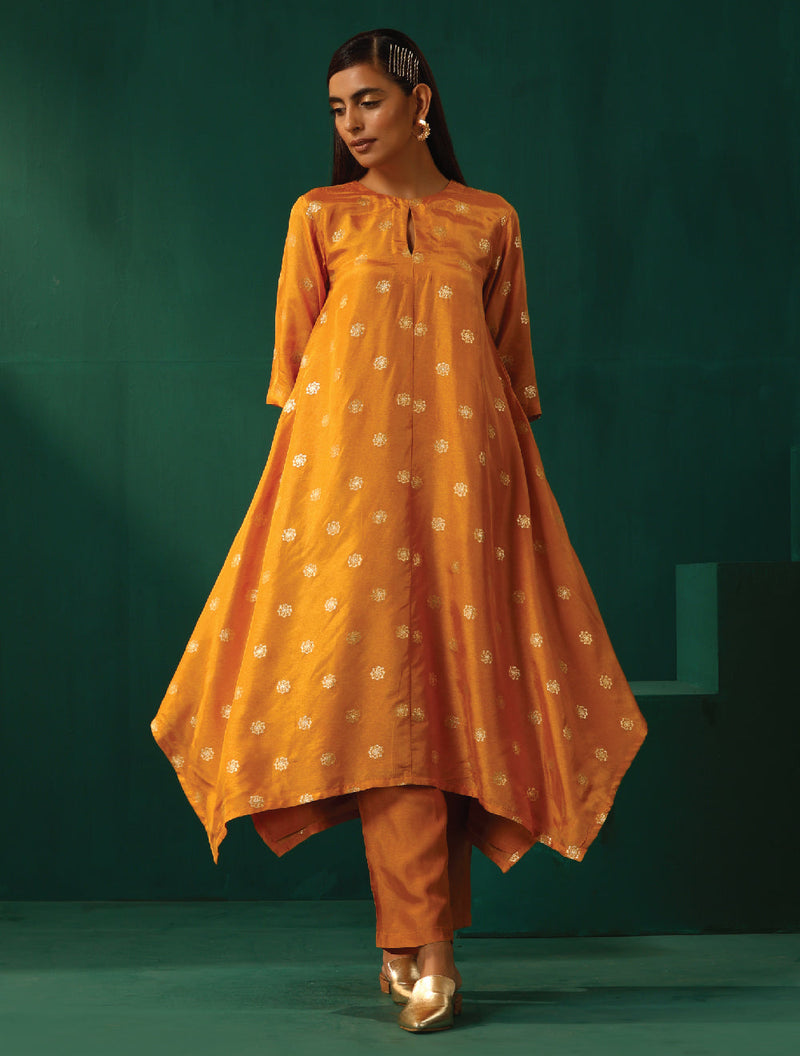 trueBrowns Mustard Geometric Viscose Silk Kurta Pant Set