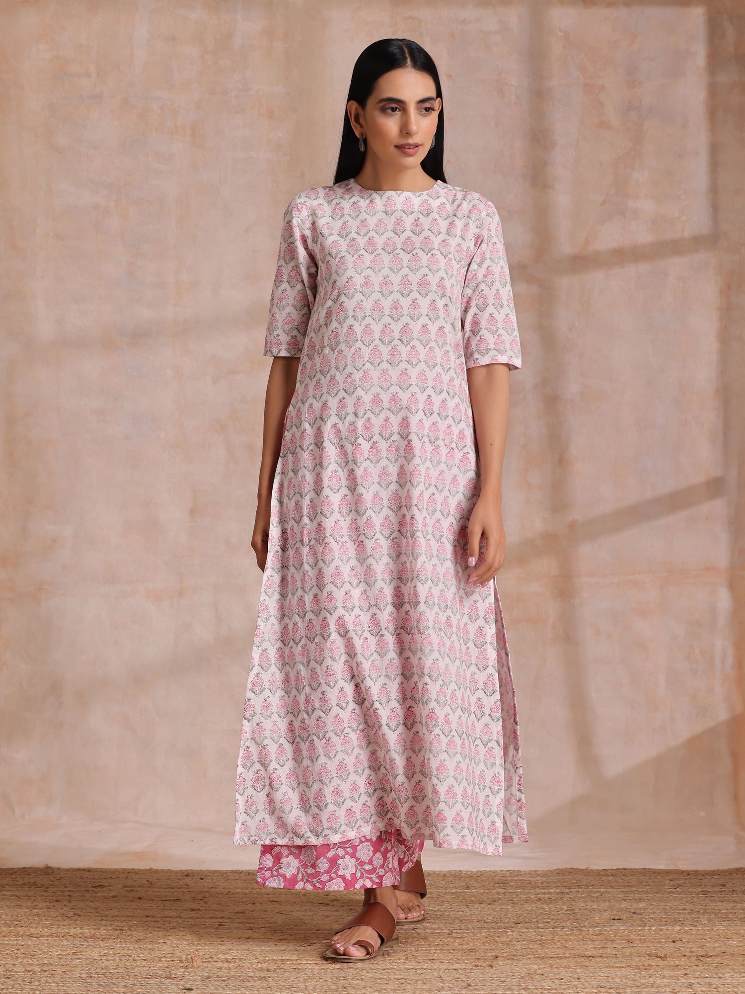 Pink Green Floral On White Block Print Cotton Slit Kurta Pant Set