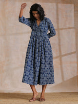 Indigo Dabu Overall Print Cotton Wrap Dress