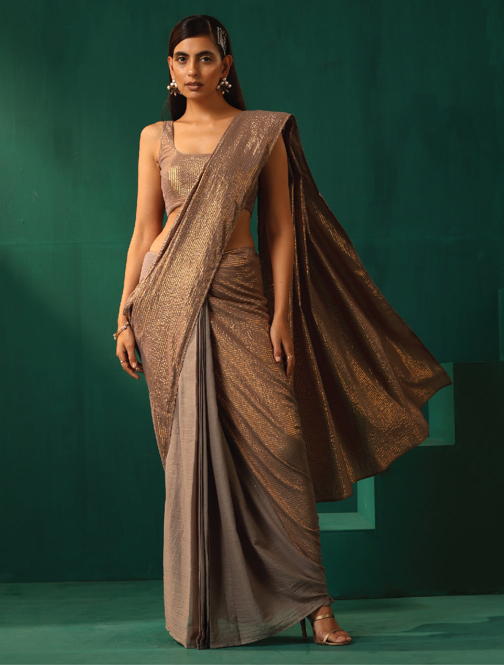 trueBrowns Grey Cotton Gold Striped Ready To Wear Saree