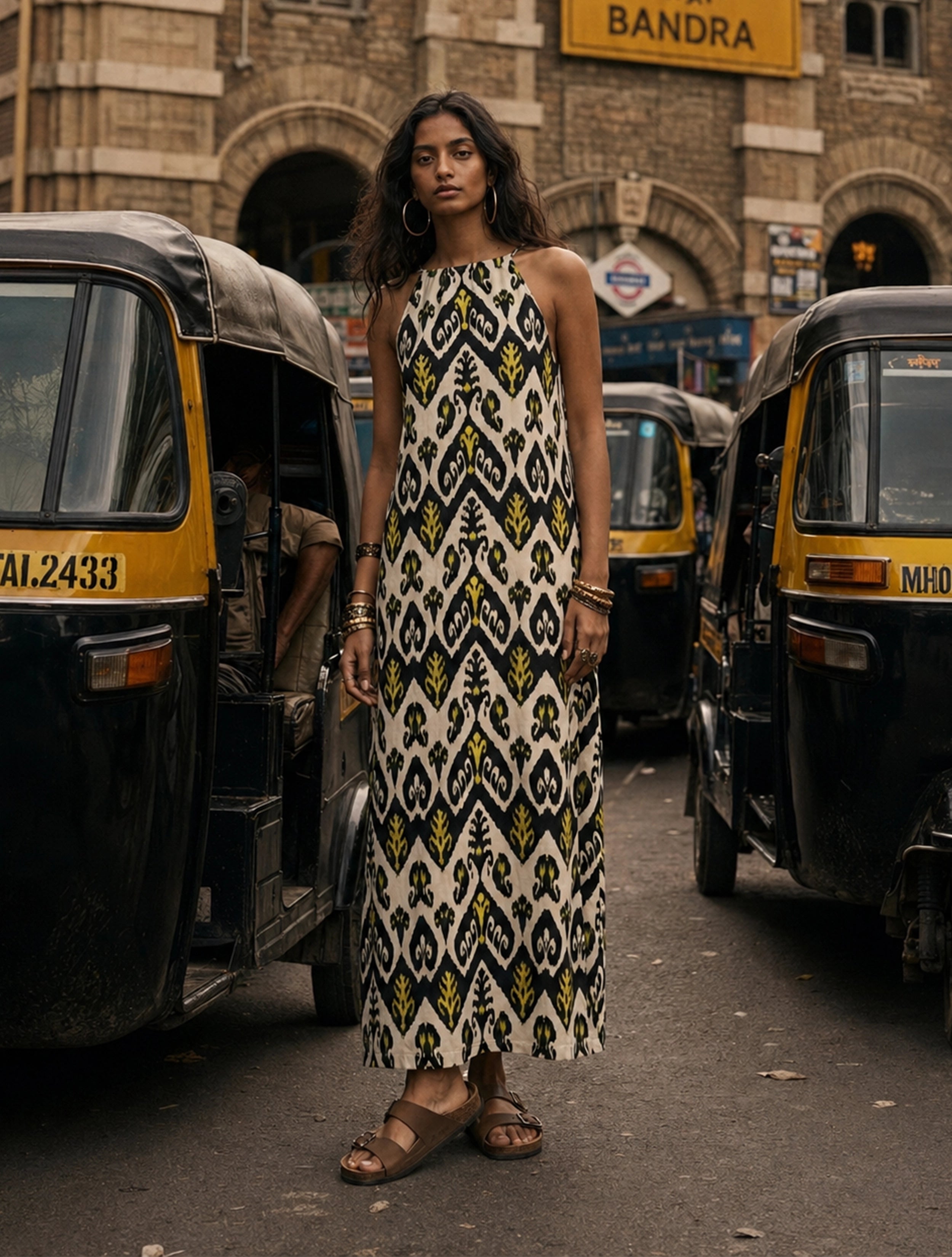 trueBrowns Black White Ikat Print Cotton Mull Long Dress
