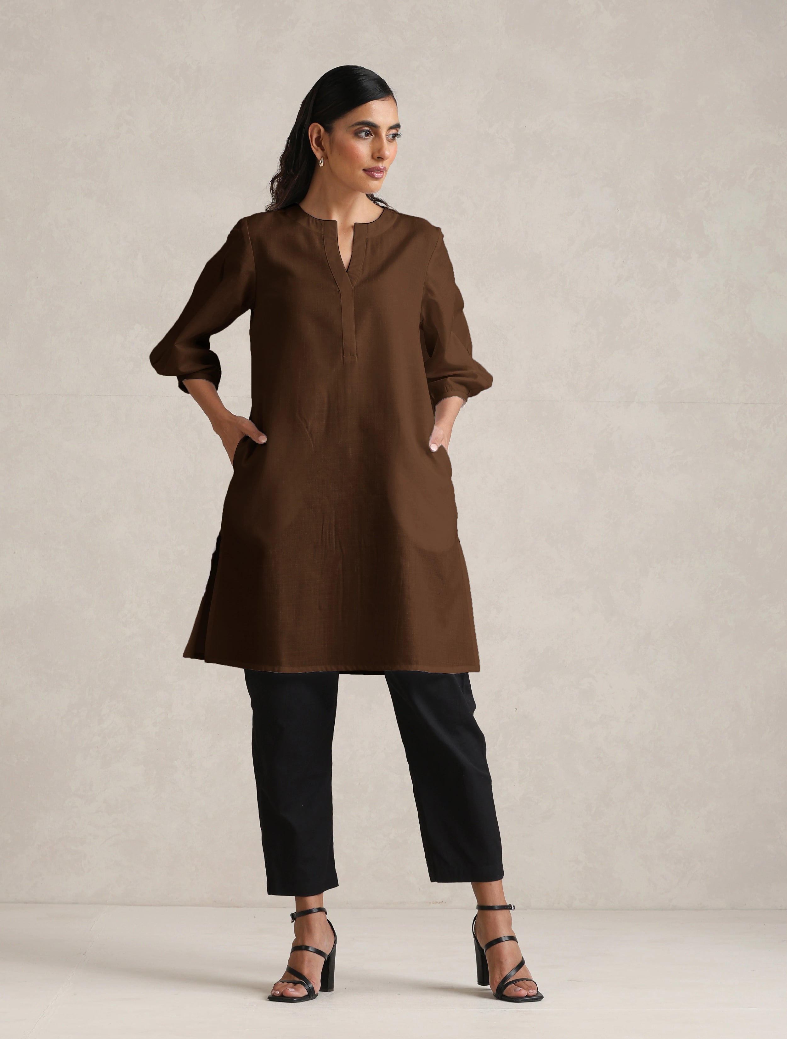 trueBrowns Brown Cotton Blend Short Kurta
