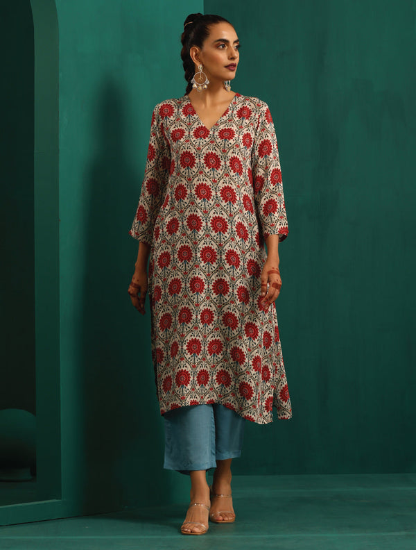 trueBrowns Ivory Red Floral Muslin Silk Printed Kurta Pant Set