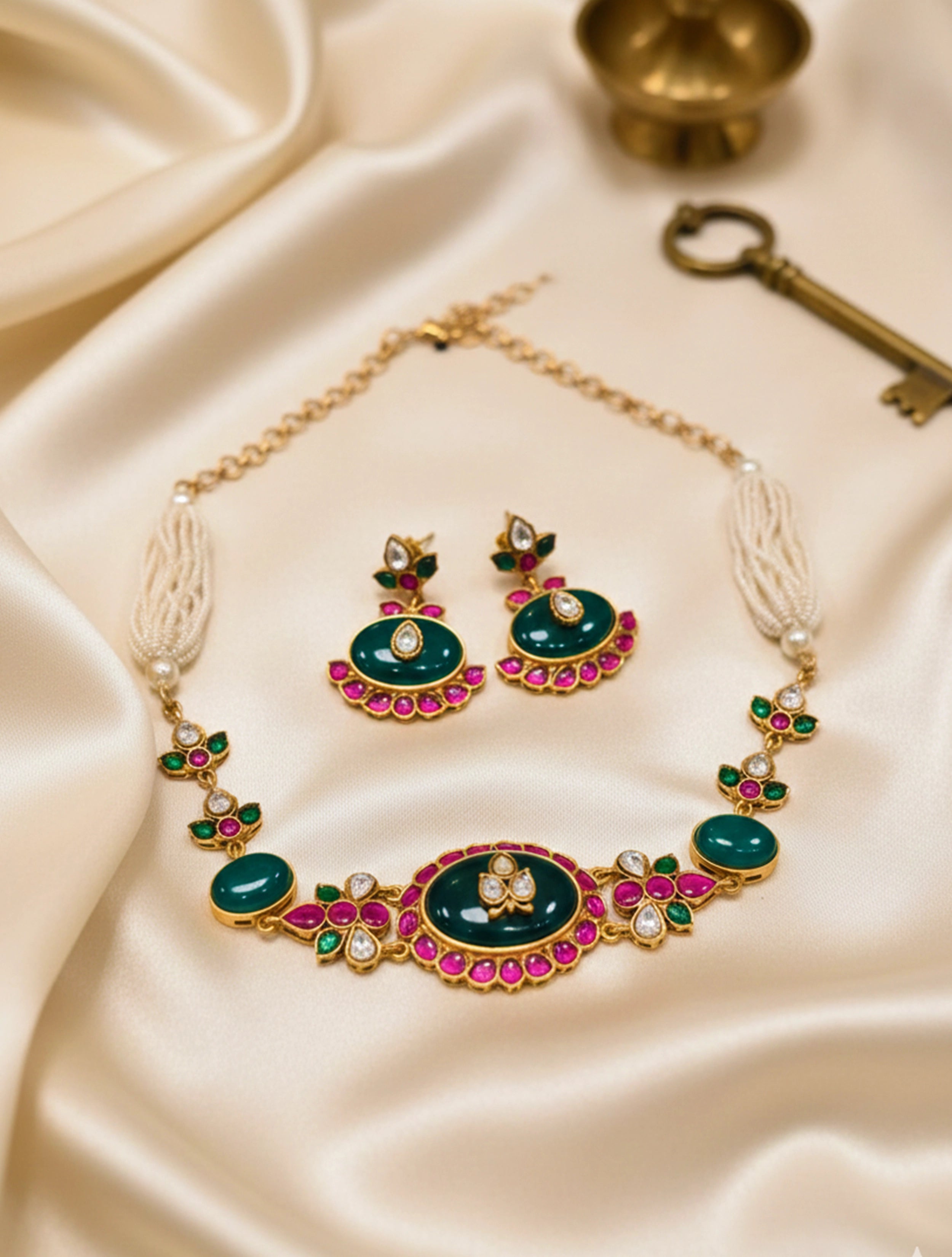 trueBrowns Emerald Blossom Pearl Choker Set