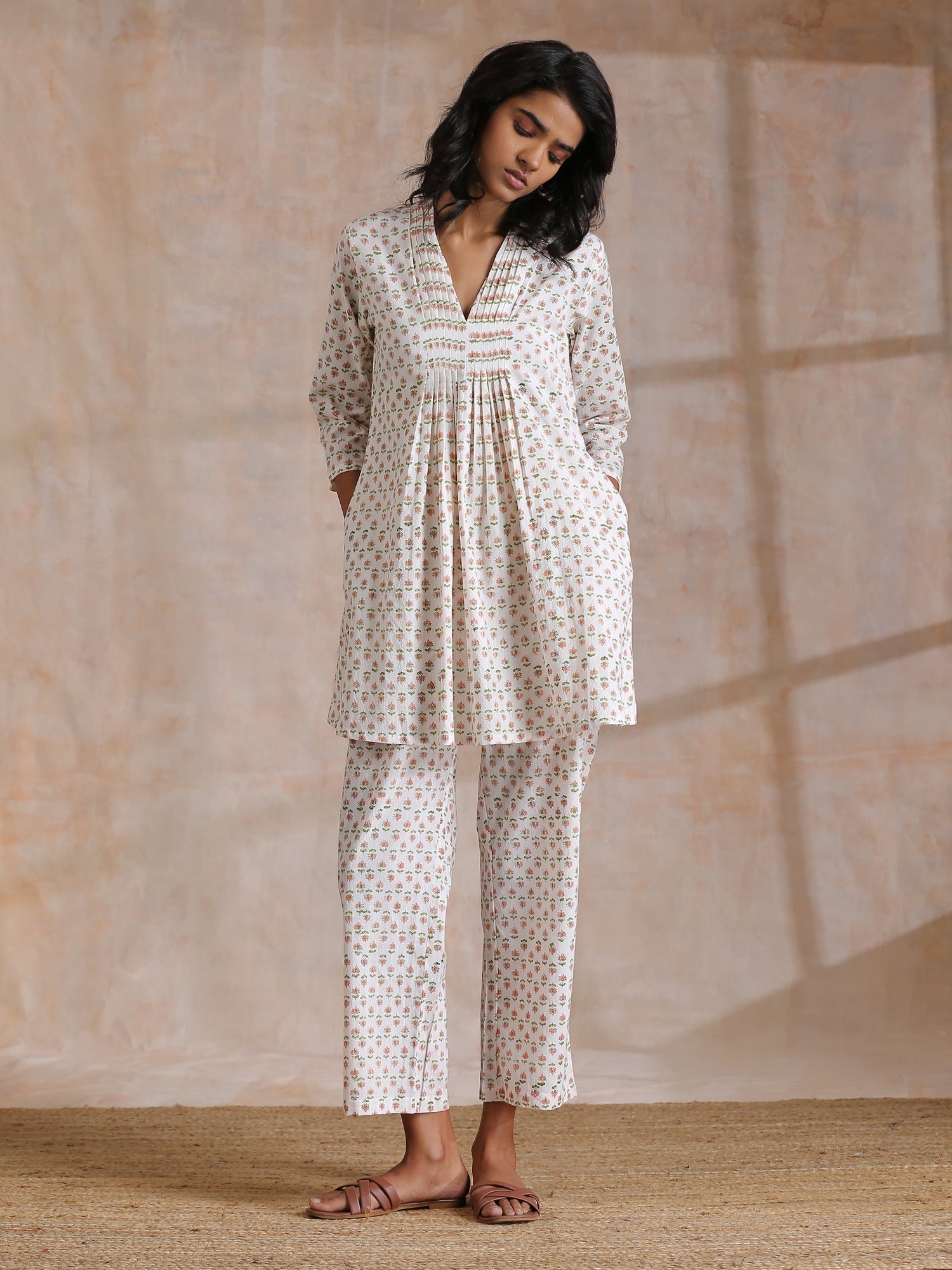 White With Small Floral Booti Print Cotton Pleated Co-Ord Set
