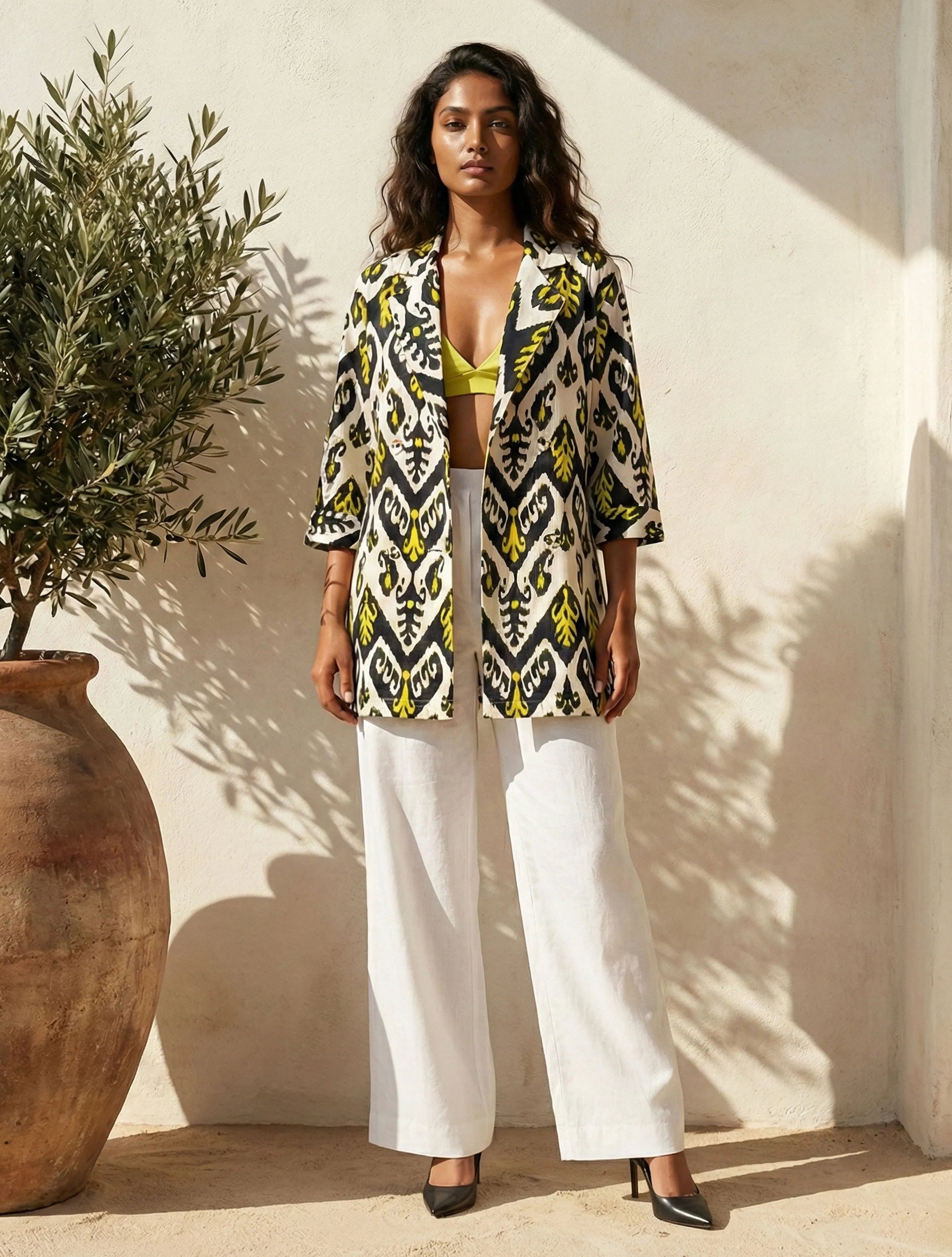 trueBrowns Black White Ikat Print Cotton Poplin Blazer Co-Ord Set