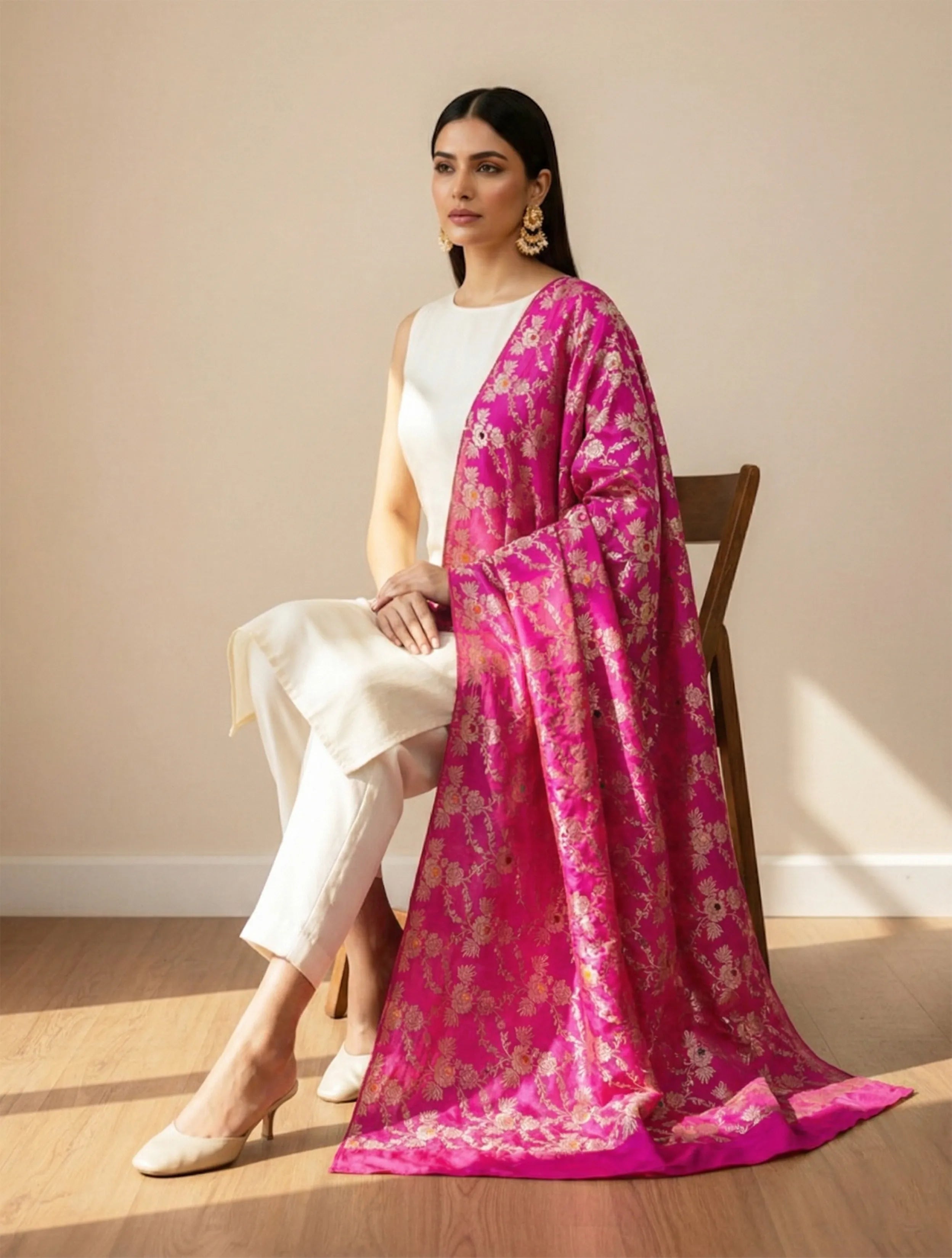 trueBrowns Pink Rose Brocade Dupatta