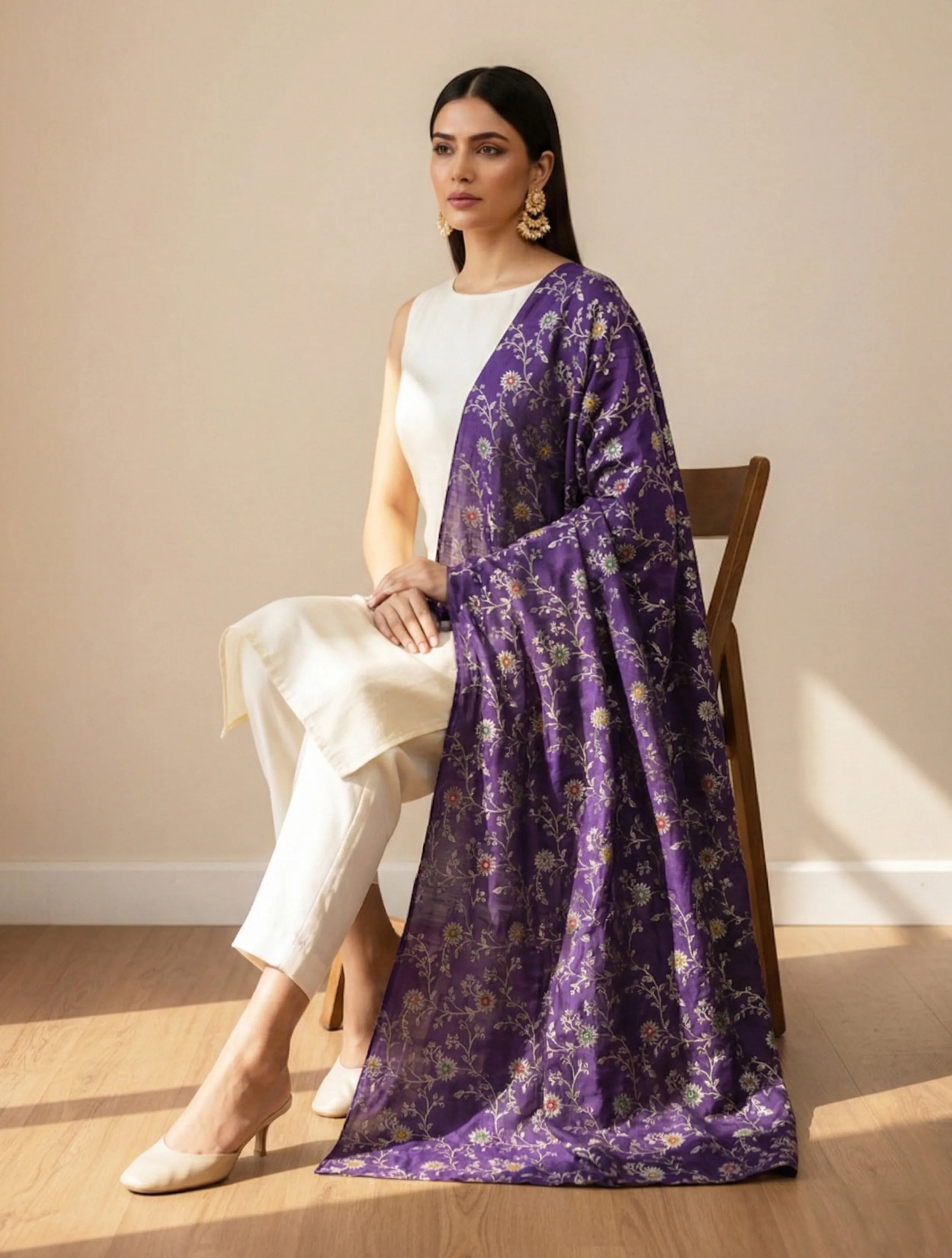 trueBrowns Purple Rose Brocade Dupatta