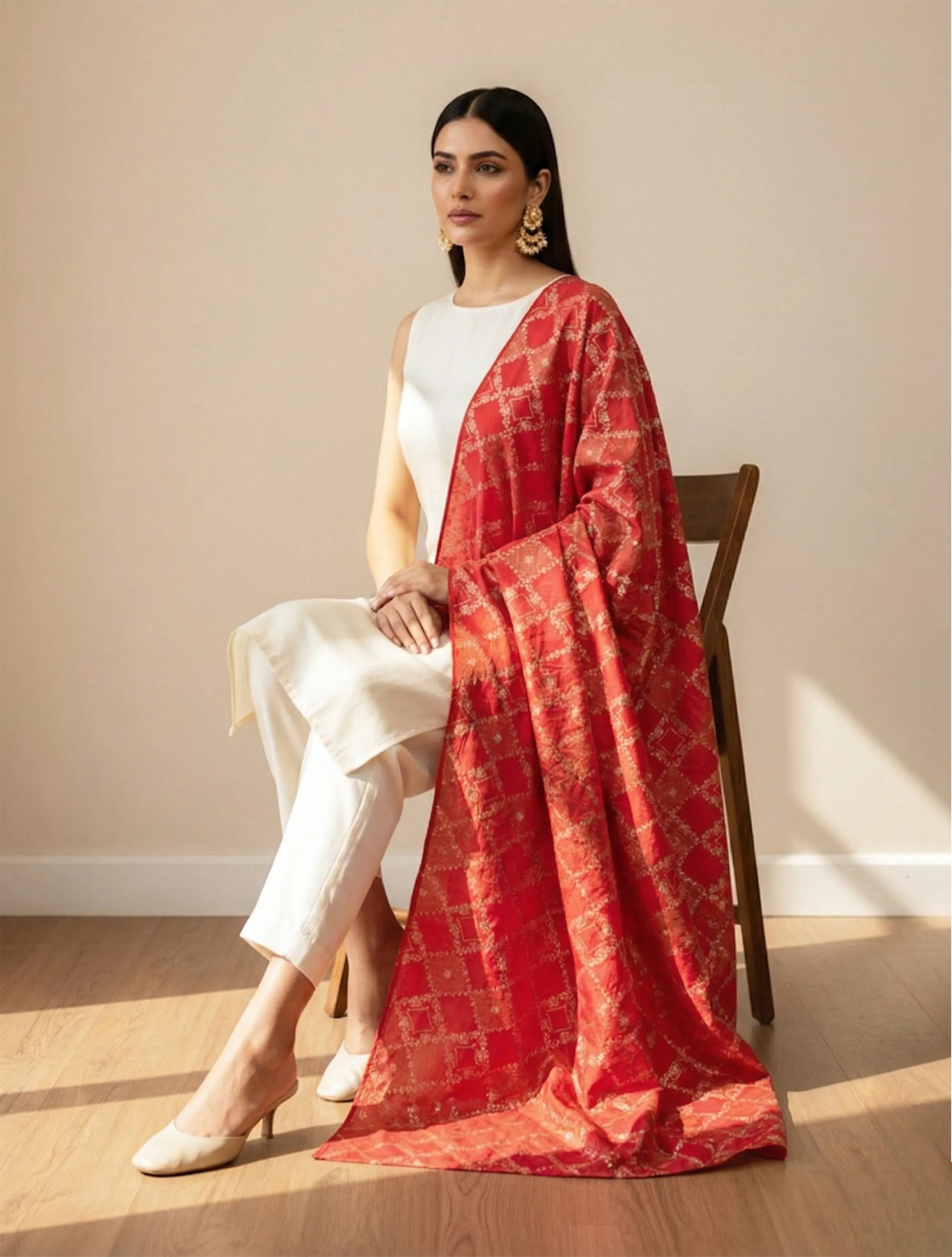 trueBrowns Red Diamond Brocade Dupatta