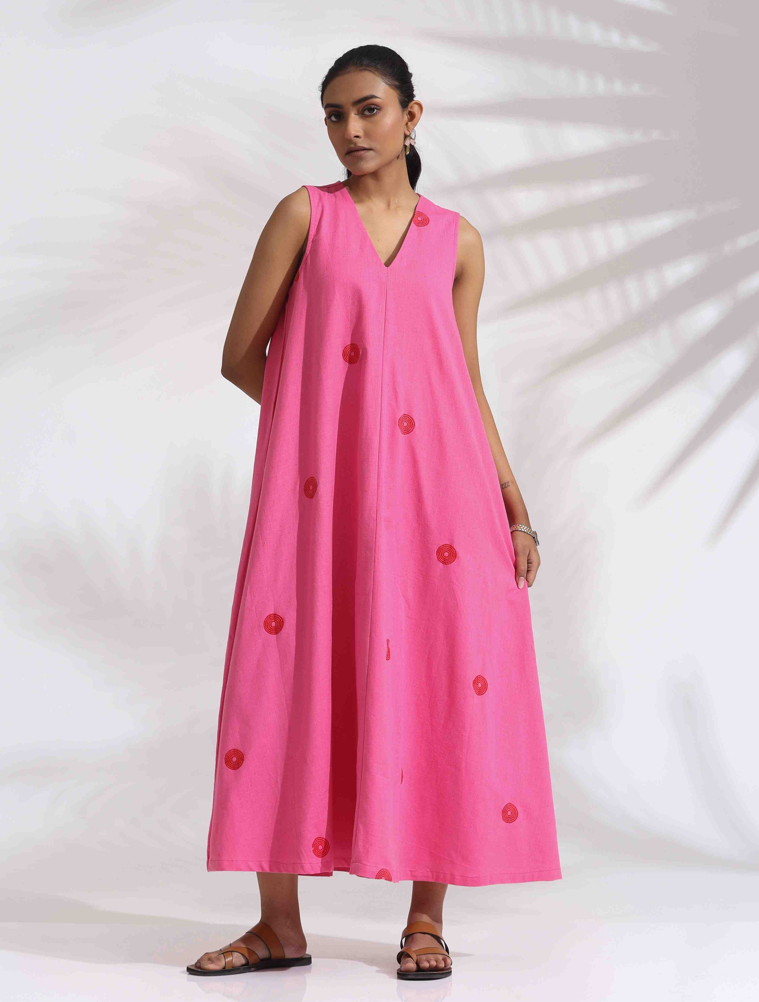 trueBrowns Pink Cotton Embroidered Flared Dress
