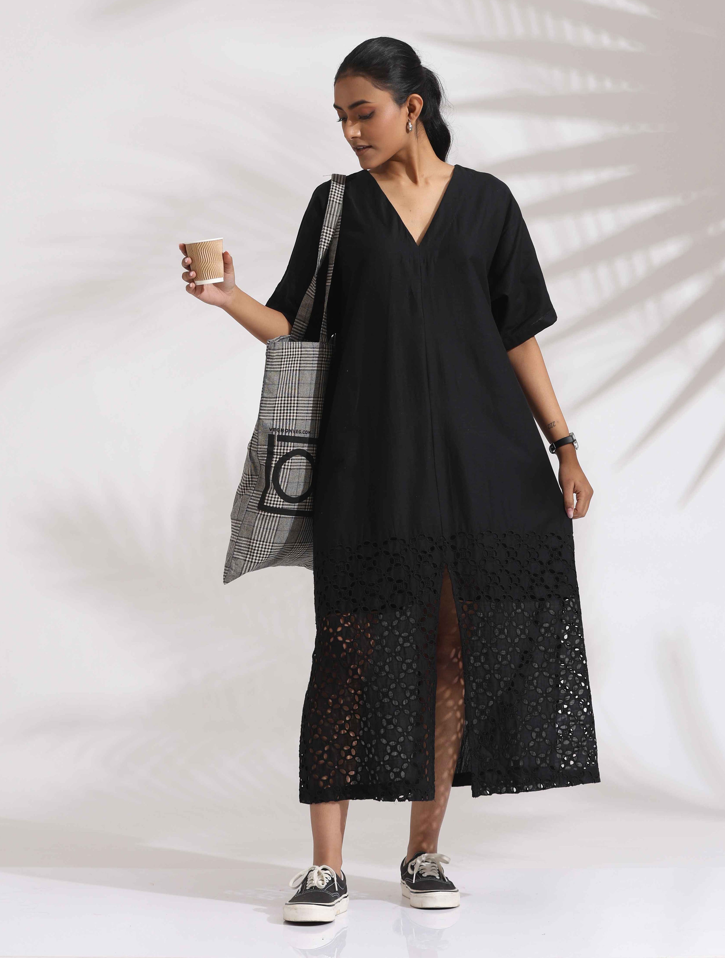 trueBrowns Black Cotton Schiffli Slit Dress