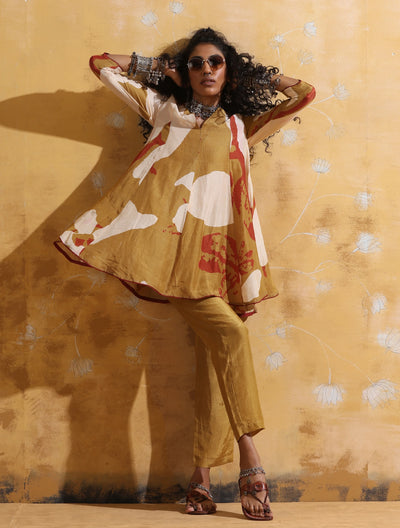 trueBrowns Mustard Rust Red Floral Print Muslin Silk Flared Co-ord Set