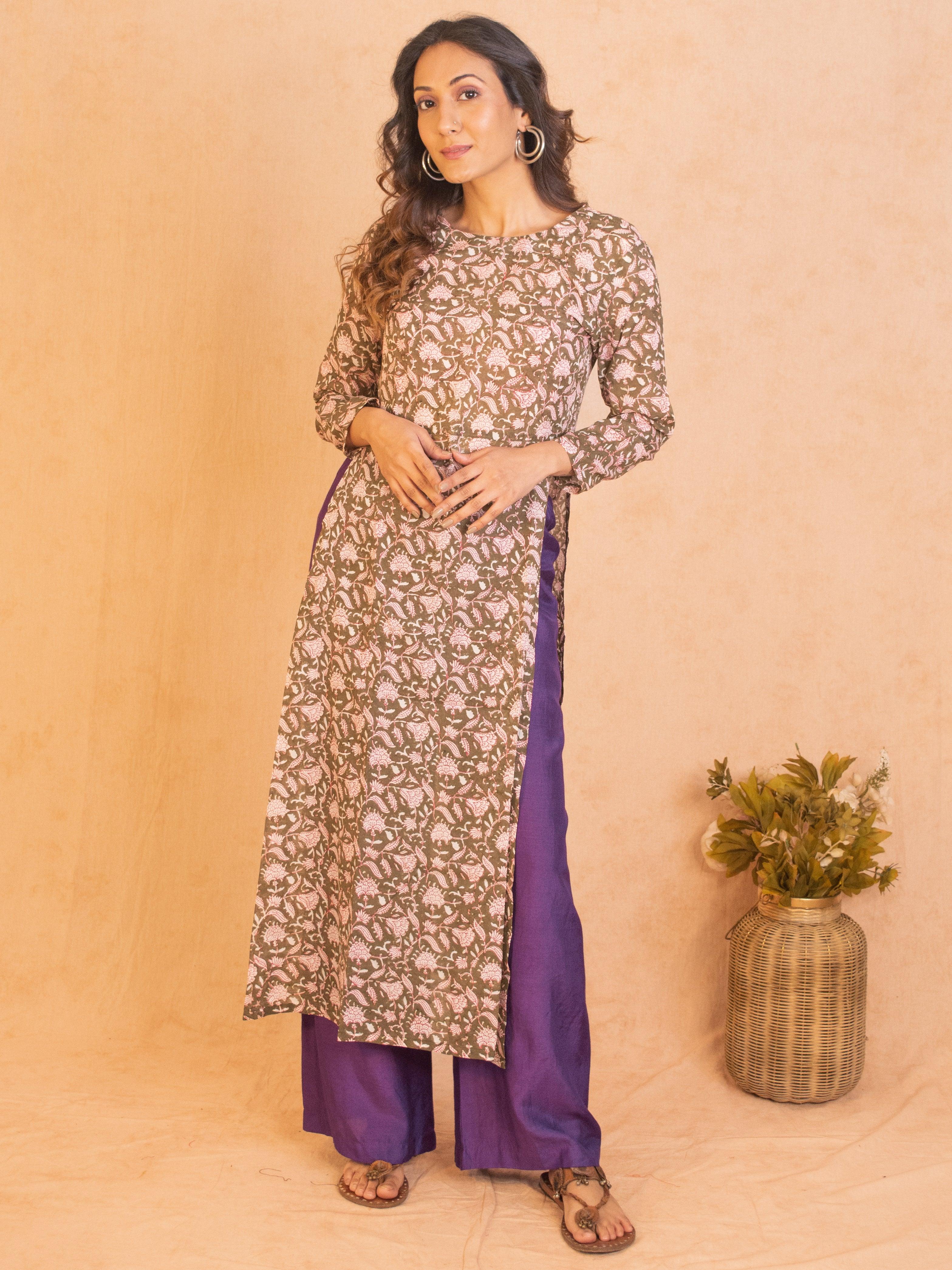 Olive Green Hand Block Printed Slit Silk Kurta Pant Set - trueBrowns