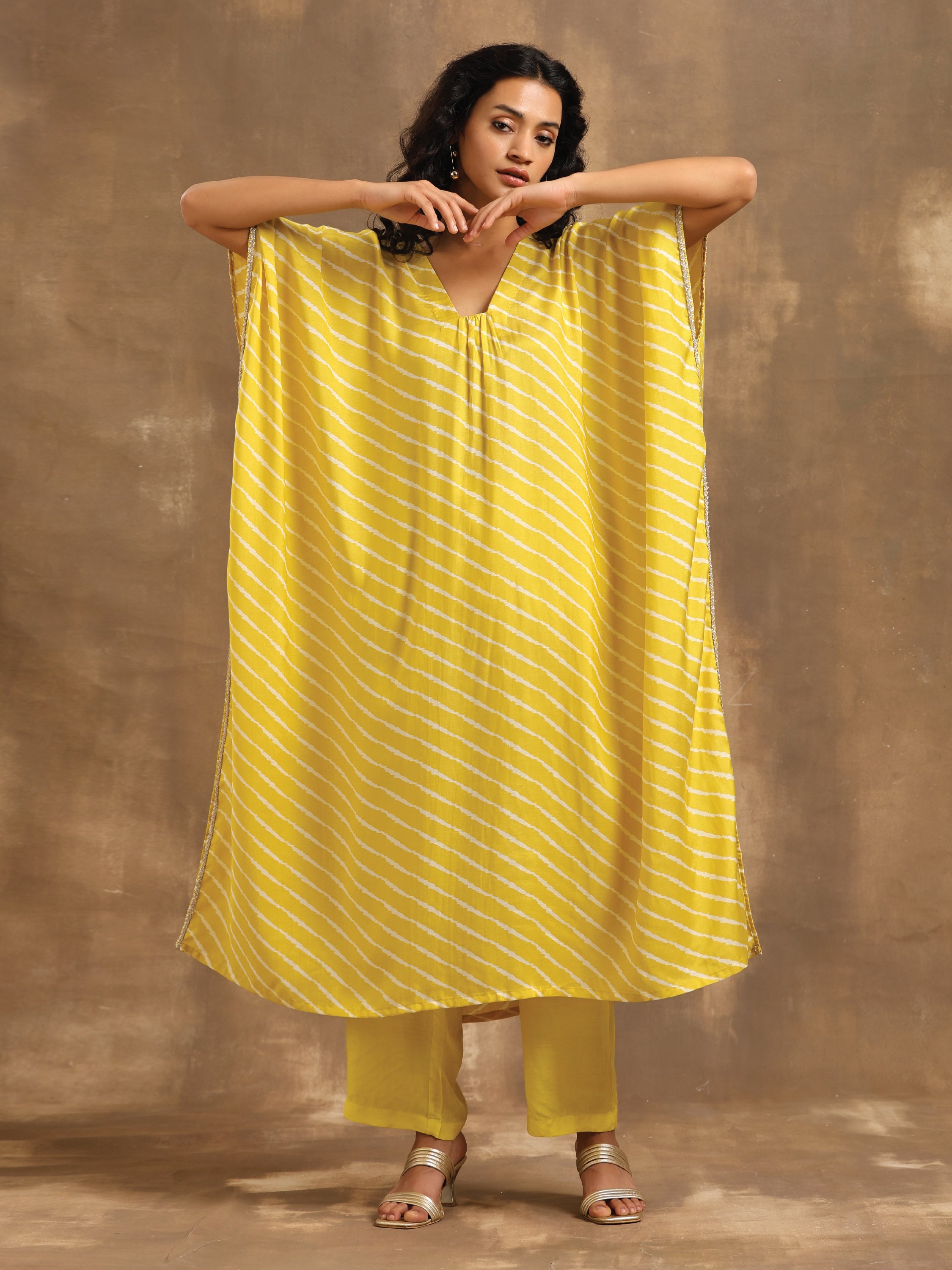 Lime Lehariya Printed Silk Kaftan Pant Set