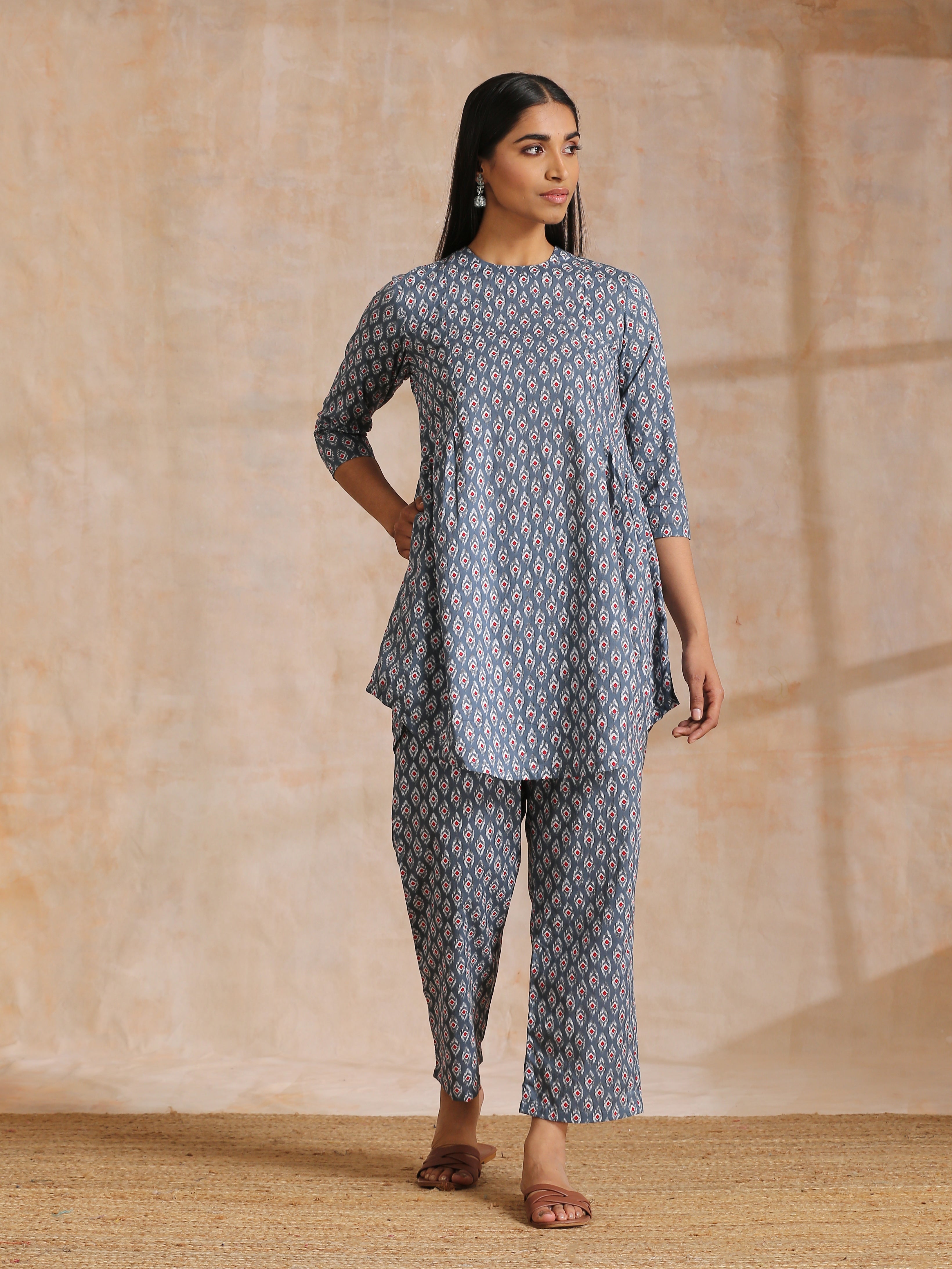 Steel Grey Ikat Print Cotton Gathers Co-Ord Set