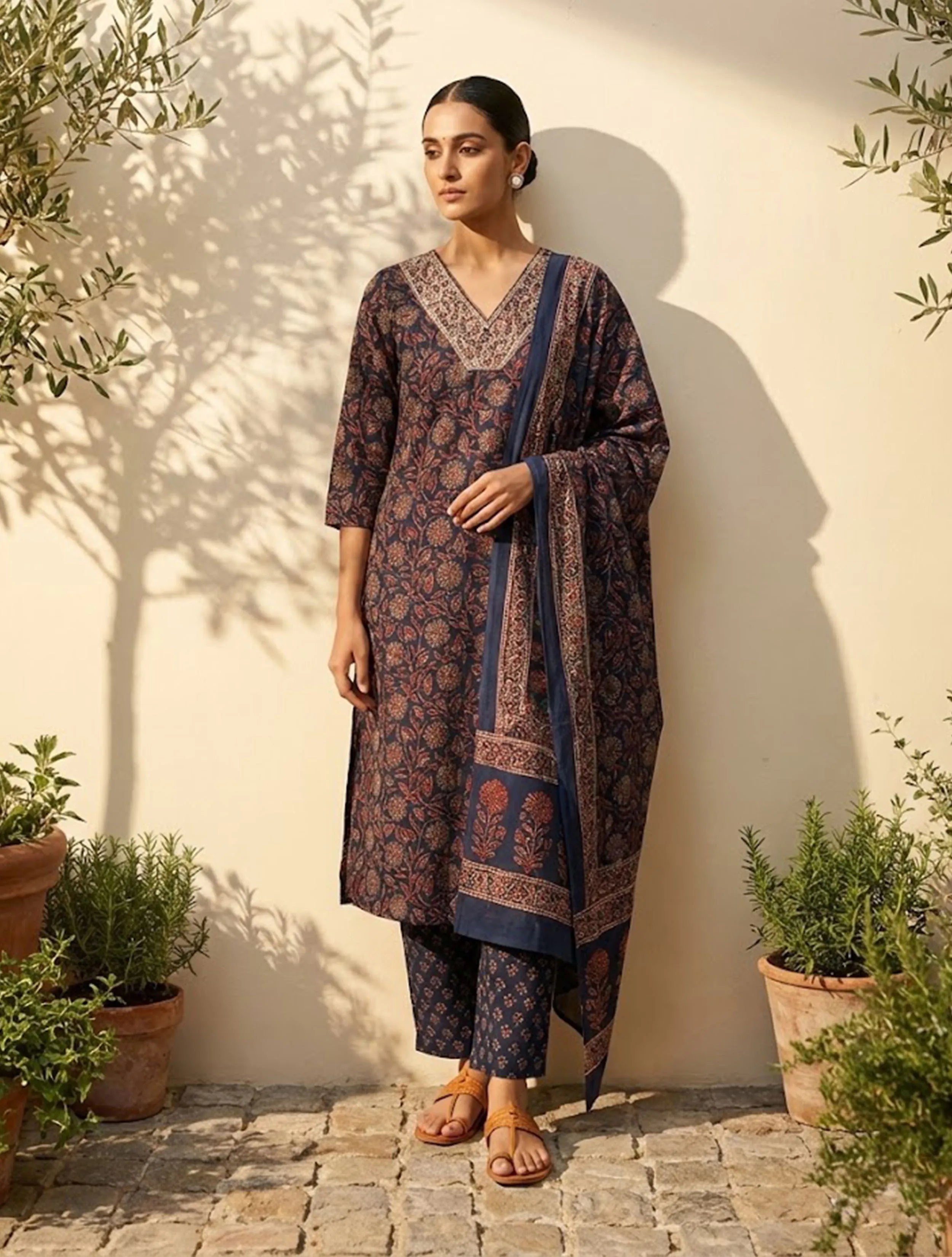 trueBrowns Blue Floral Print Embroidered V-Neck Kurta Pant Dupatta Set