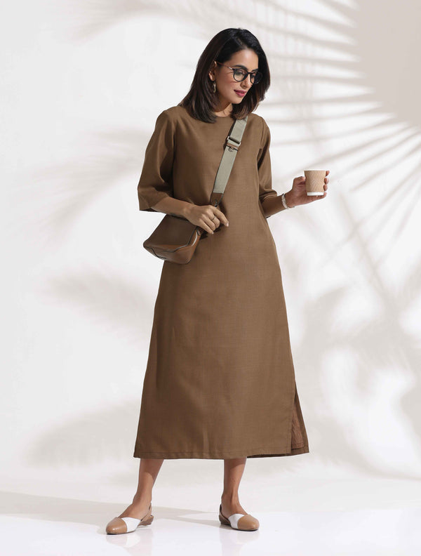 trueBrowns Brown Slub Dress