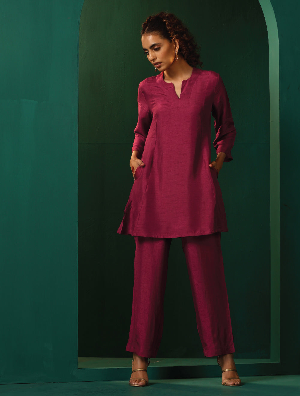 trueBrowns Maroon Silk Relaxed Co-ord Set
