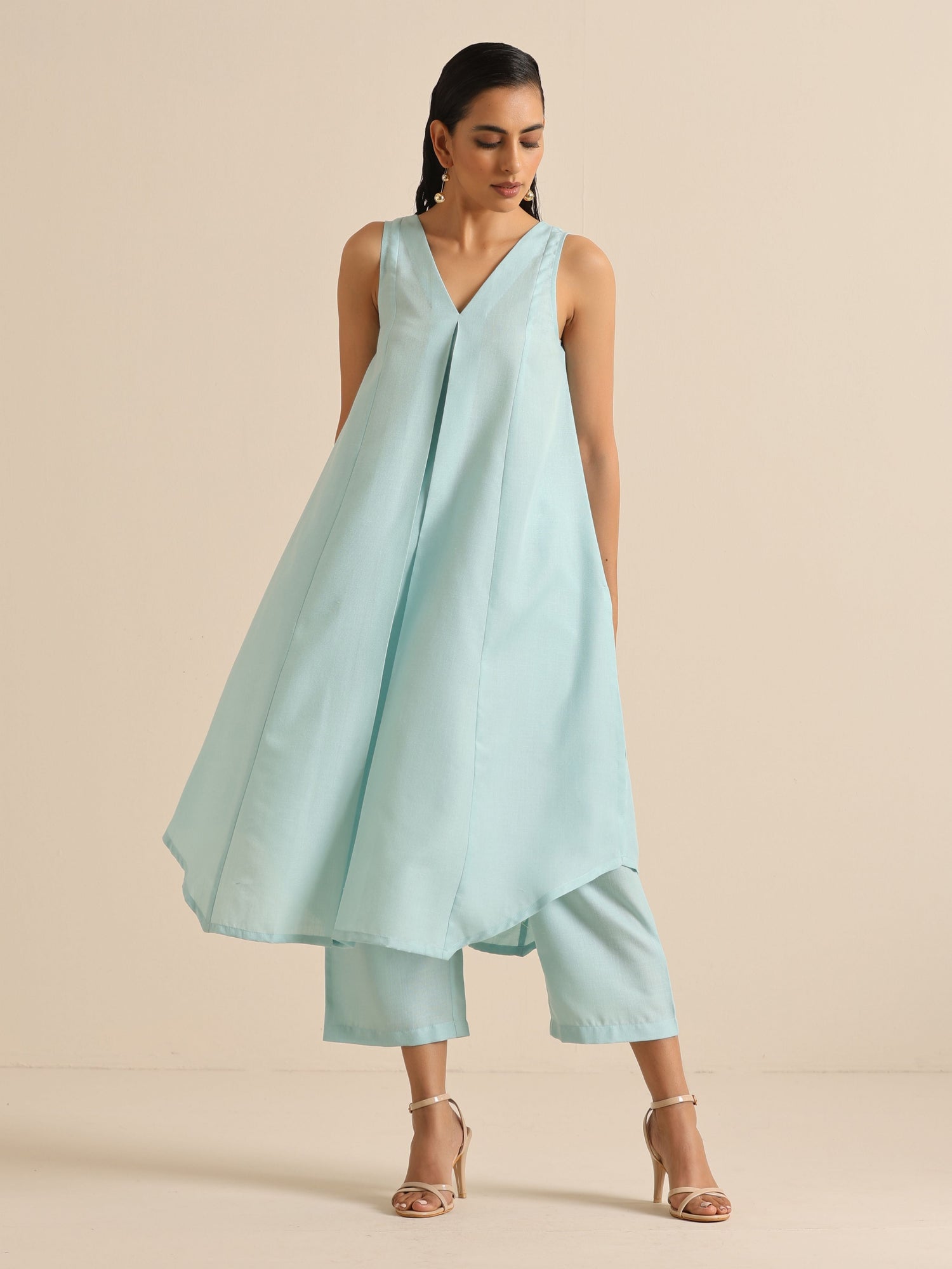 Sky Blue Slub Sleeveless Flared Kurta Pant Set