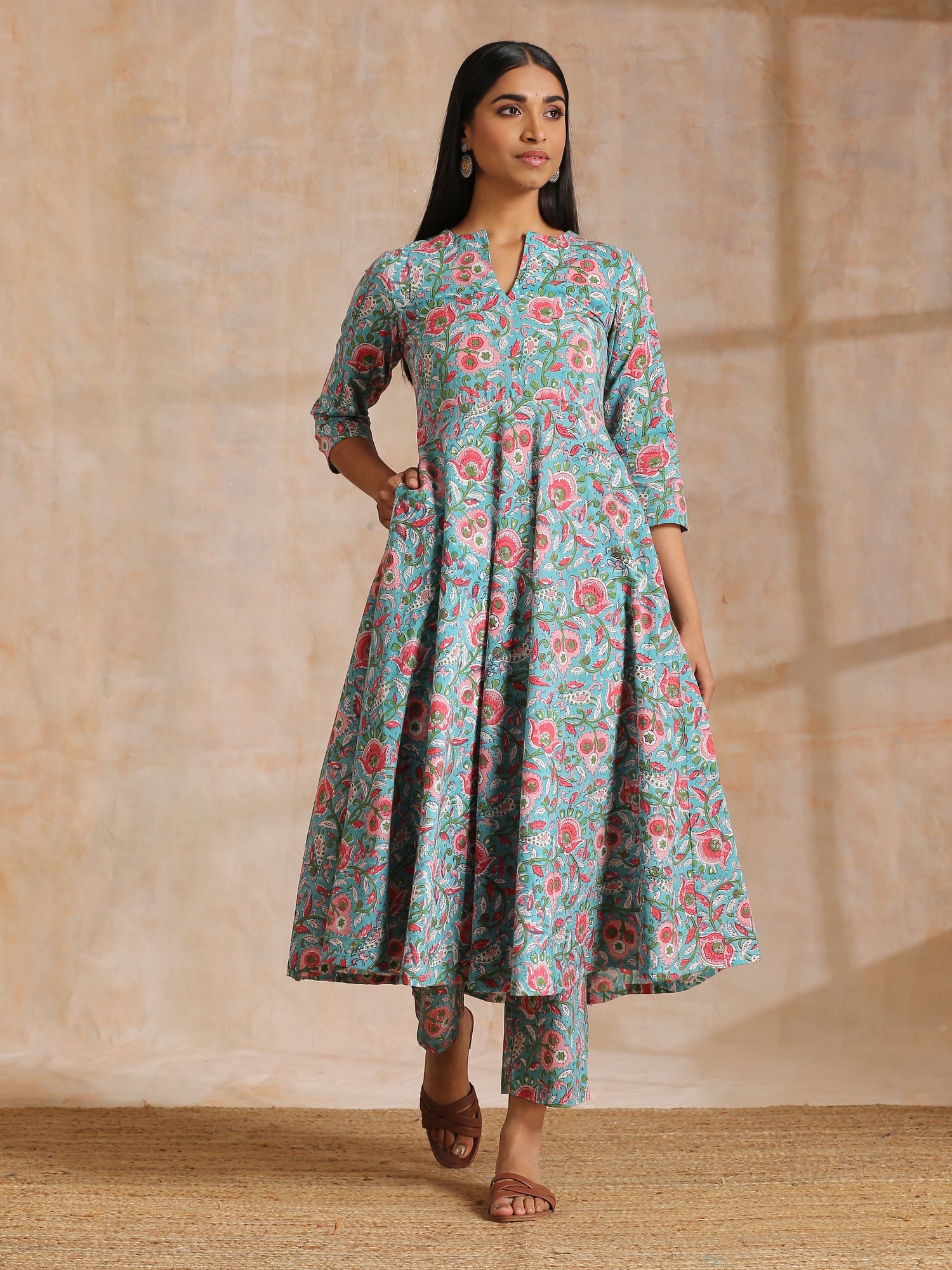 Turkish Blue Overall Floral Block Print Cotton Flared Kurta Pant Set