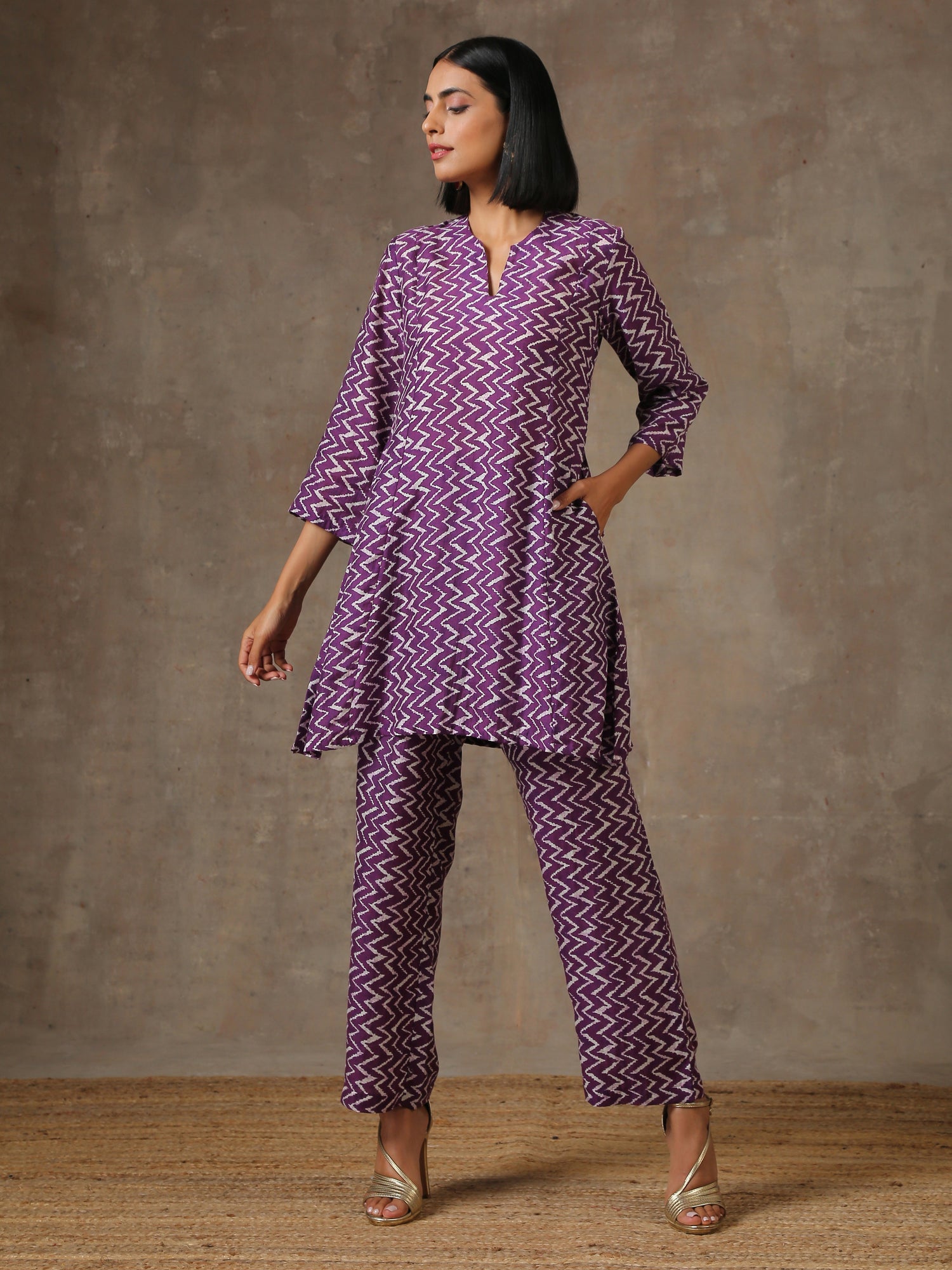 Purple White Lehariya Printed Silk Co-Ord Set