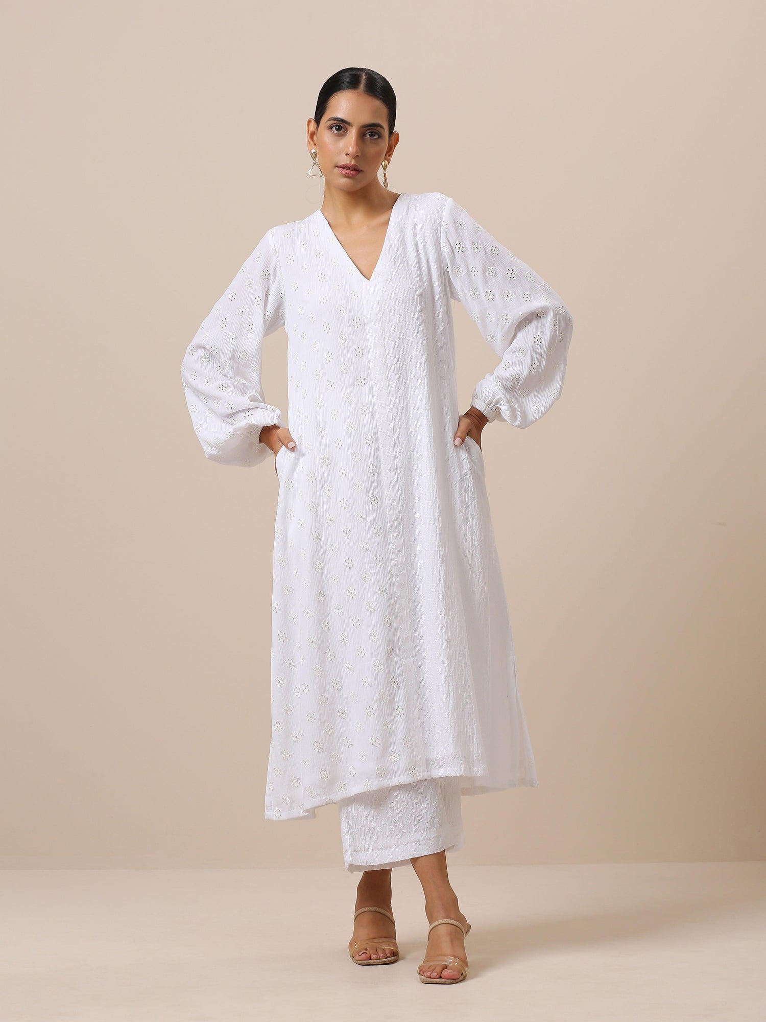 Cotton White Schiffli Weave Kurta Pant Set - trueBrowns