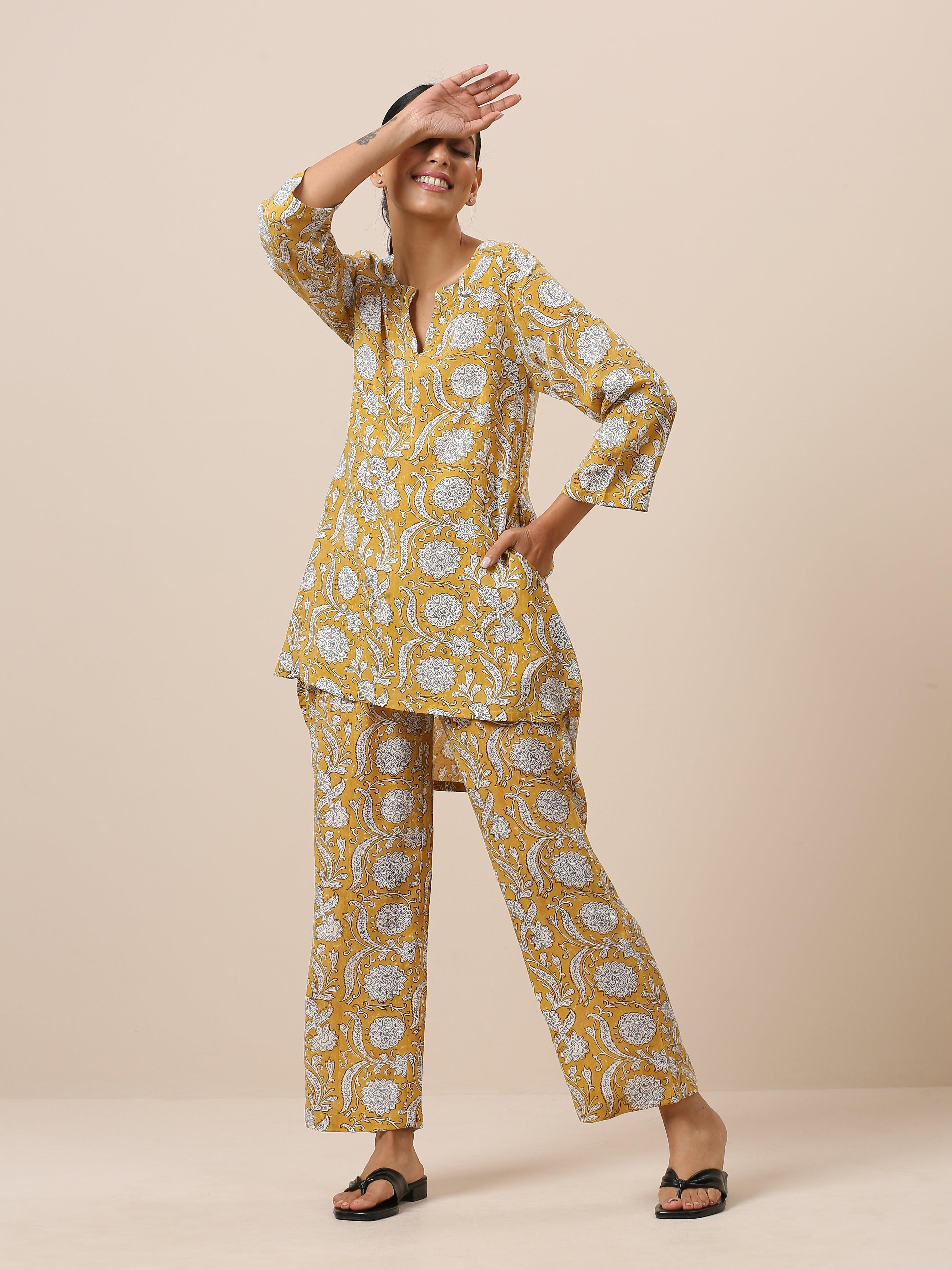 Cotton Hand Block Printed Yellow Co-Ord Set - trueBrowns