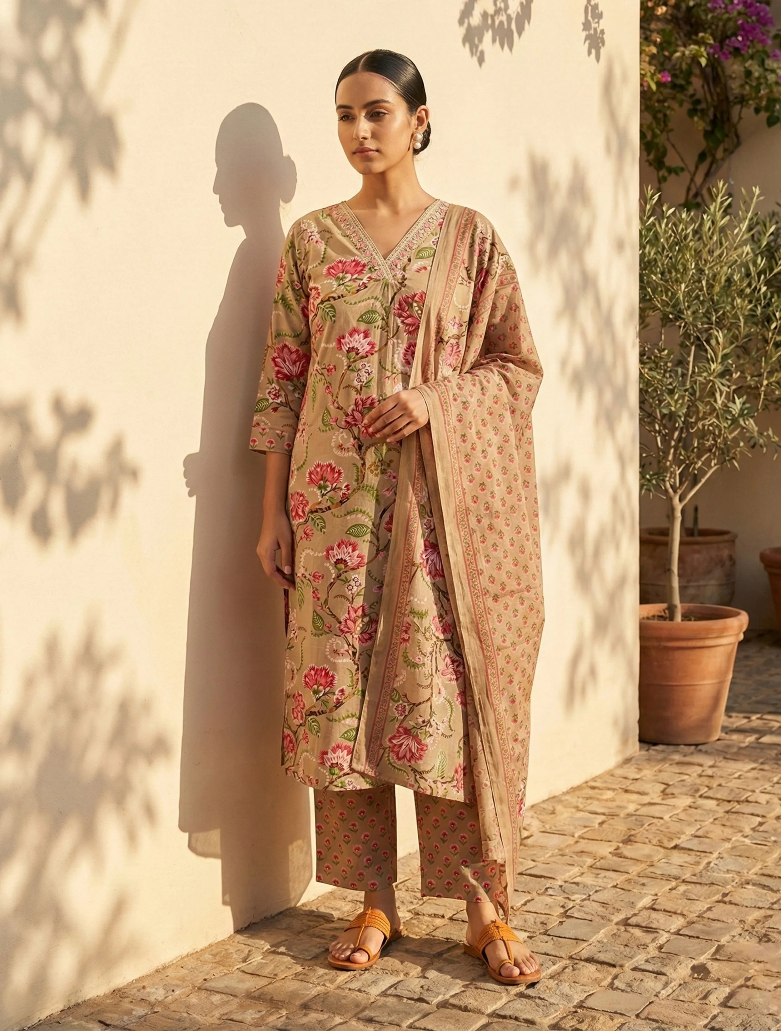trueBrowns Beige Floral Print Straight Kurta Pant Dupatta Set