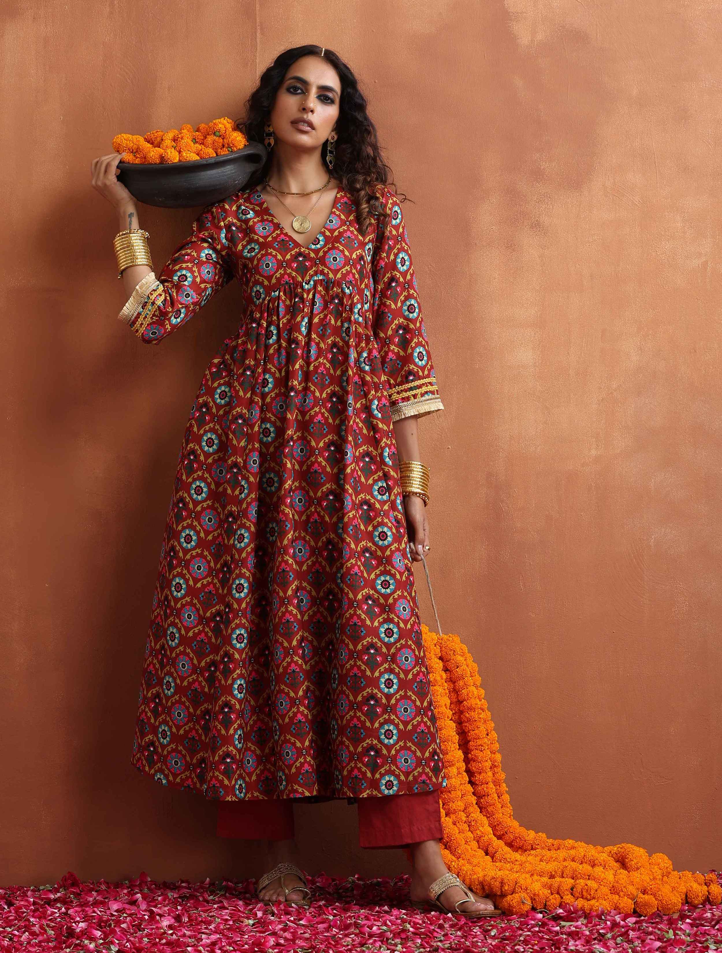 trueBrowns Maroon Print Flared Anarkali Kurta Set