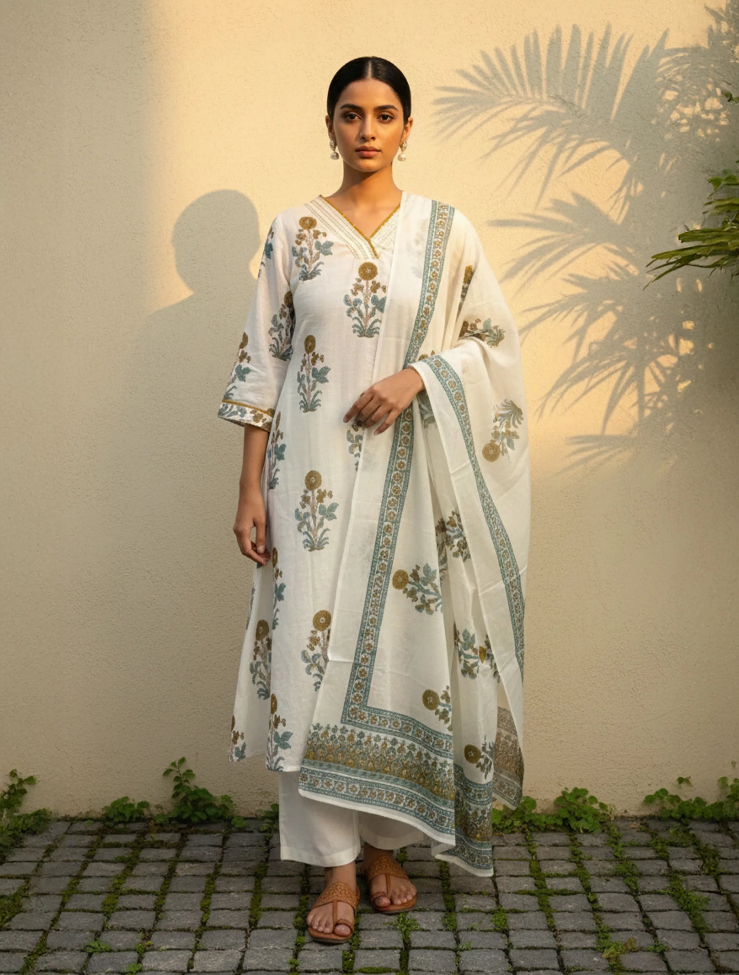 trueBrowns White Yellow Print V-Neck Kurta Pant Dupatta Set