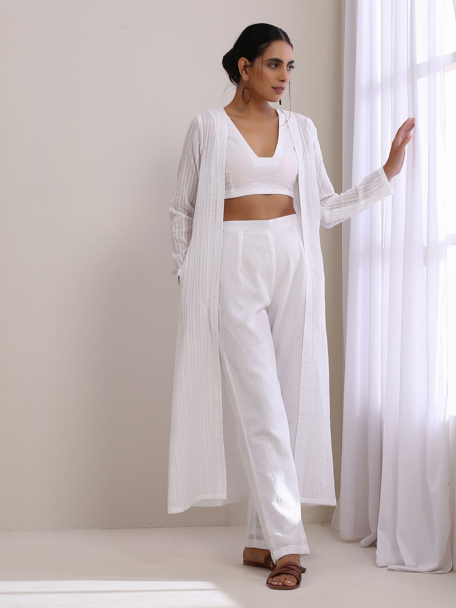 White Dobby Overlay Jacket Blouse Pant Set