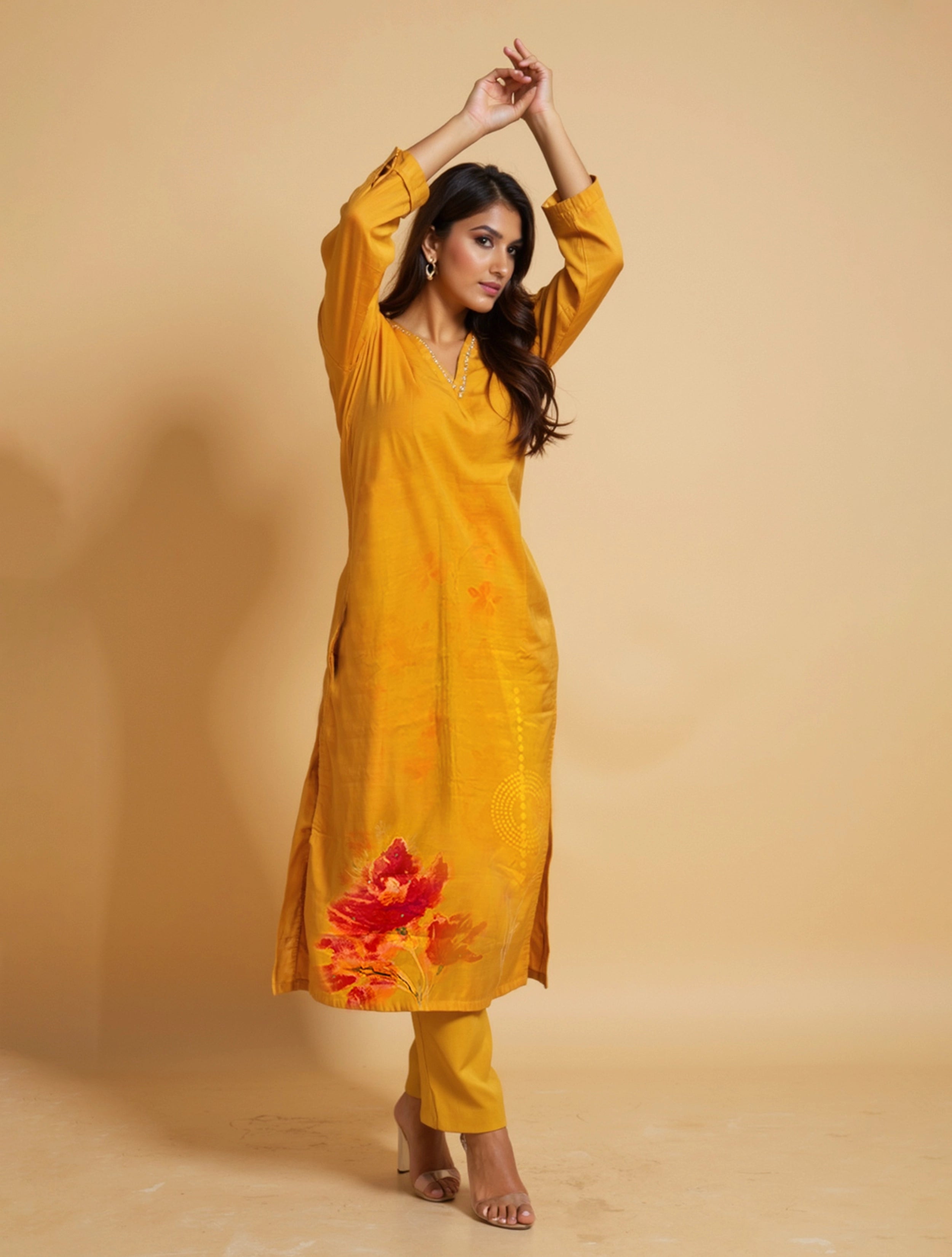 trueBrowns Lime Floral Print Kurta Pant Dupatta Set