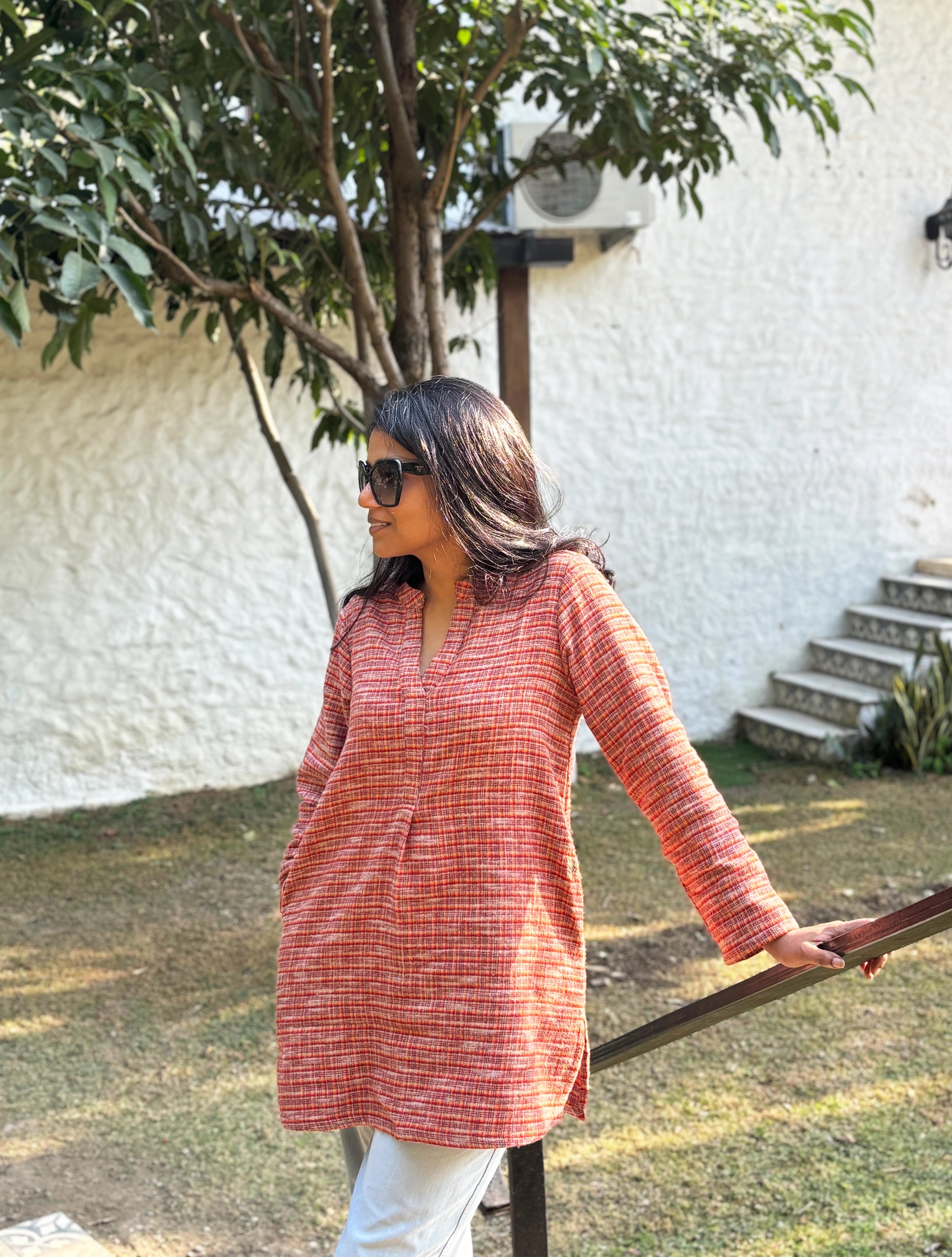 trueBrowns Rust Check Round V-Neck Woollen Top