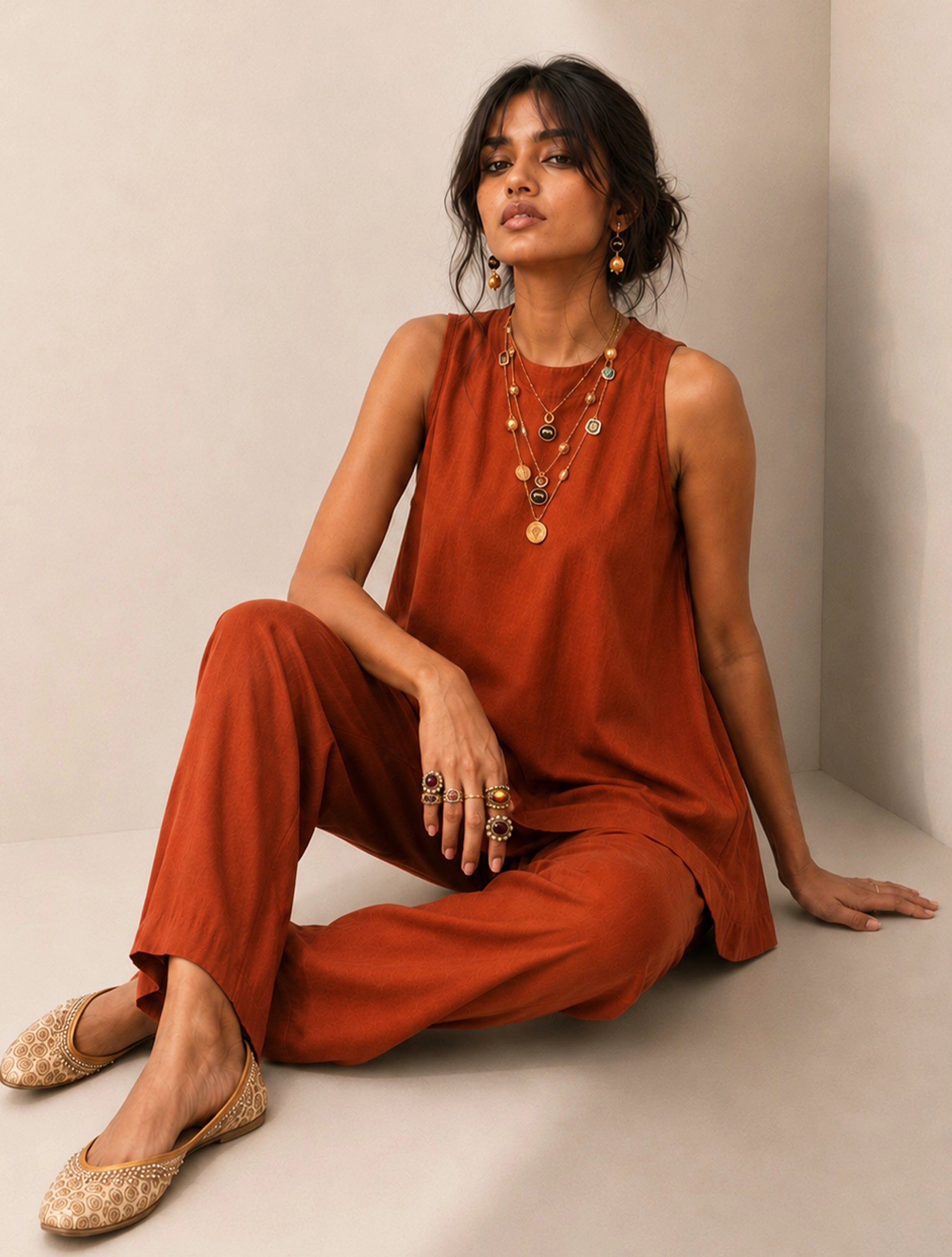 trueBrowns Rust Solid Viscose Sleeveless Co-Ord Set
