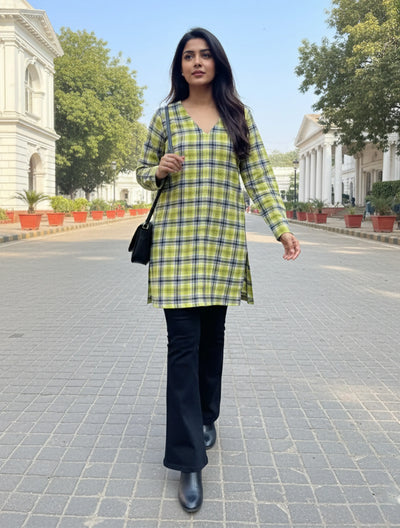 trueBrowns Lime Check High Slit Kurta