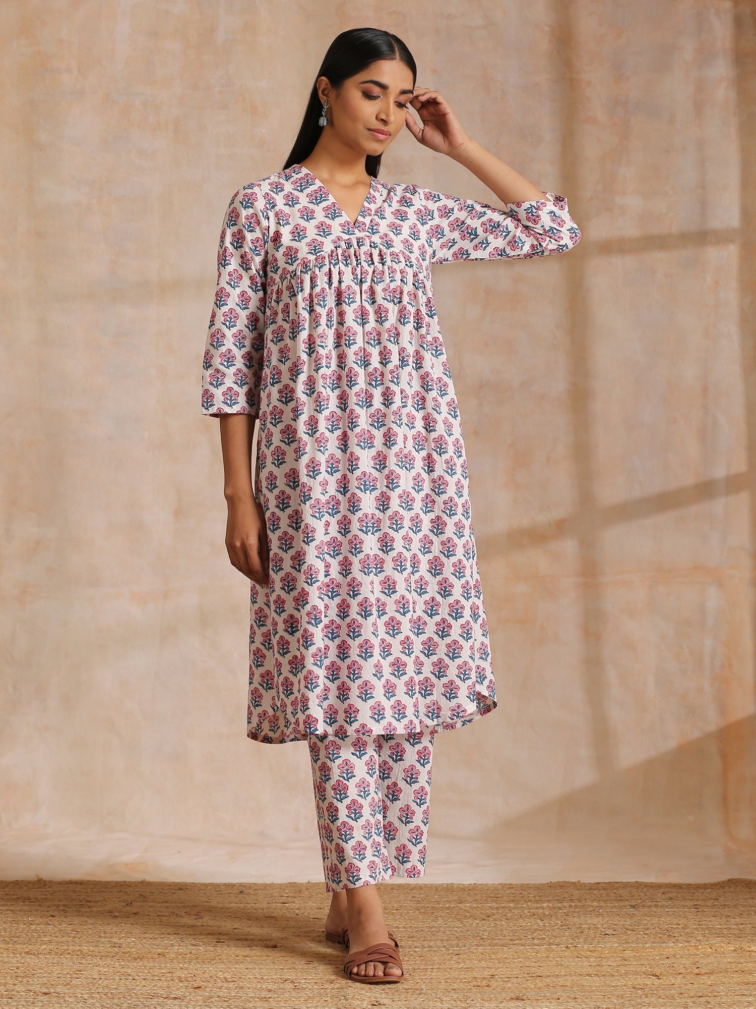 White With Pink Blue Floral Block Print Cotton Flared Slit Kurta Pant Set