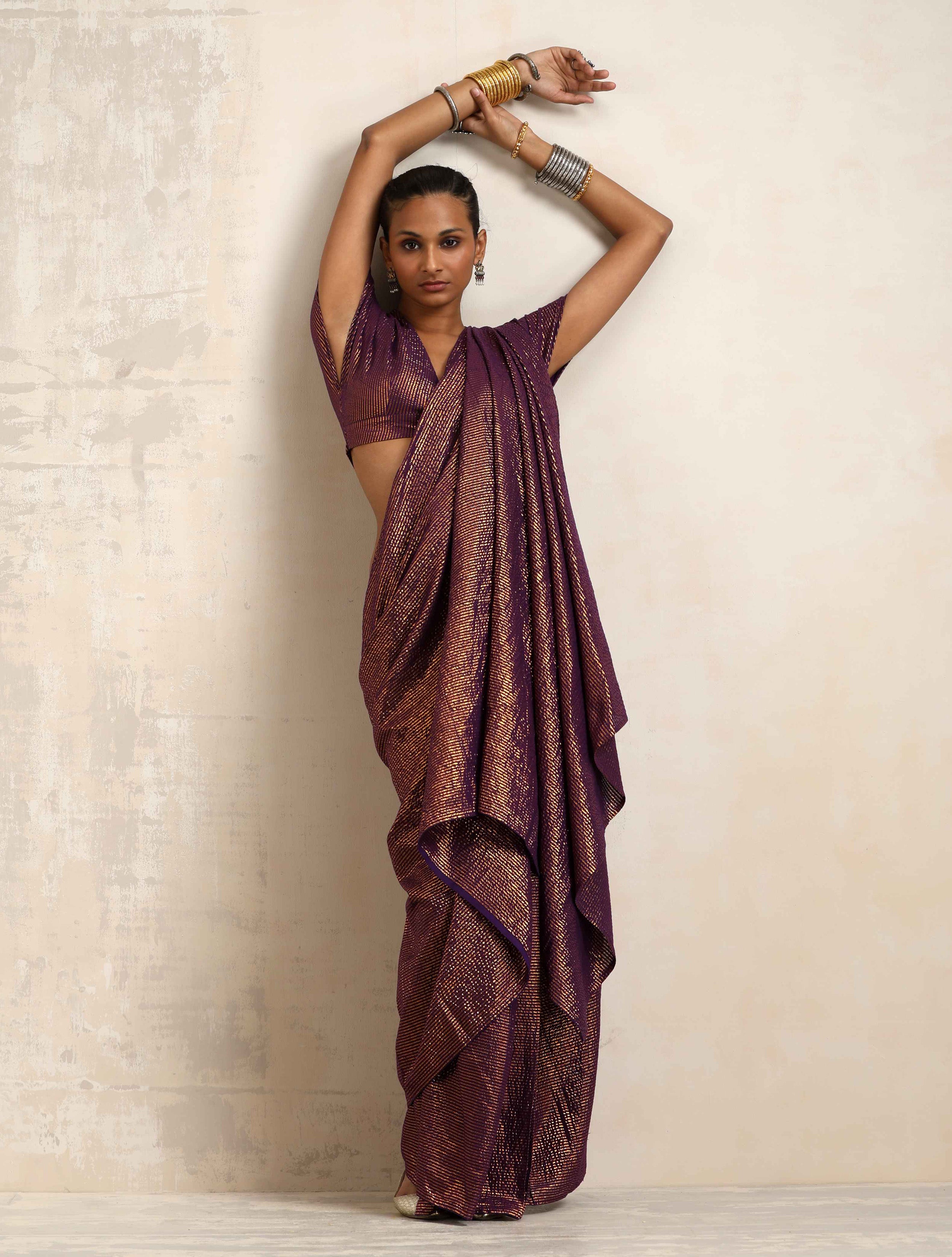 trueBrowns Purple Gold Lurex Ready To Wear Saree