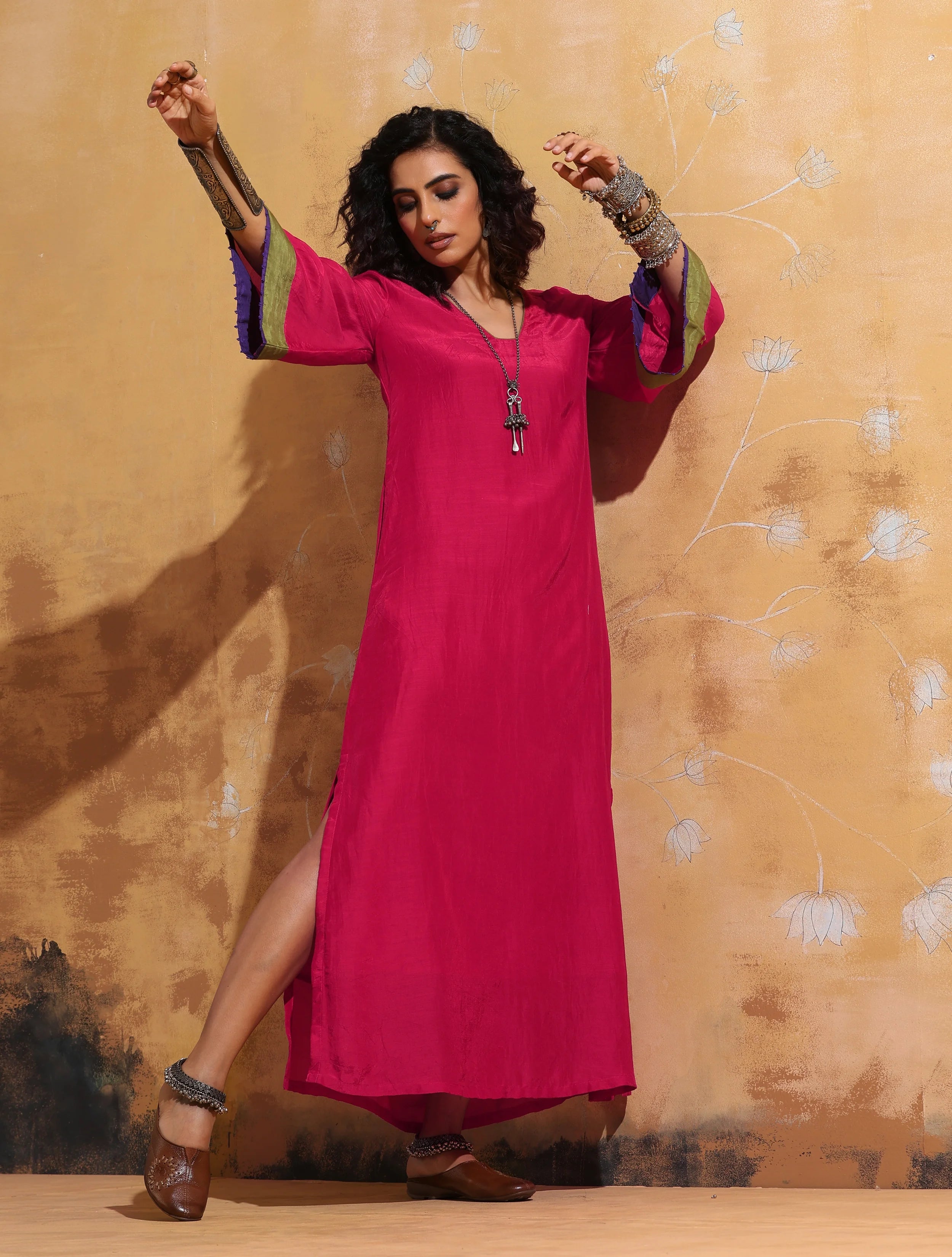 trueBrowns Pink Muslin Silk Straight Maxi Dress