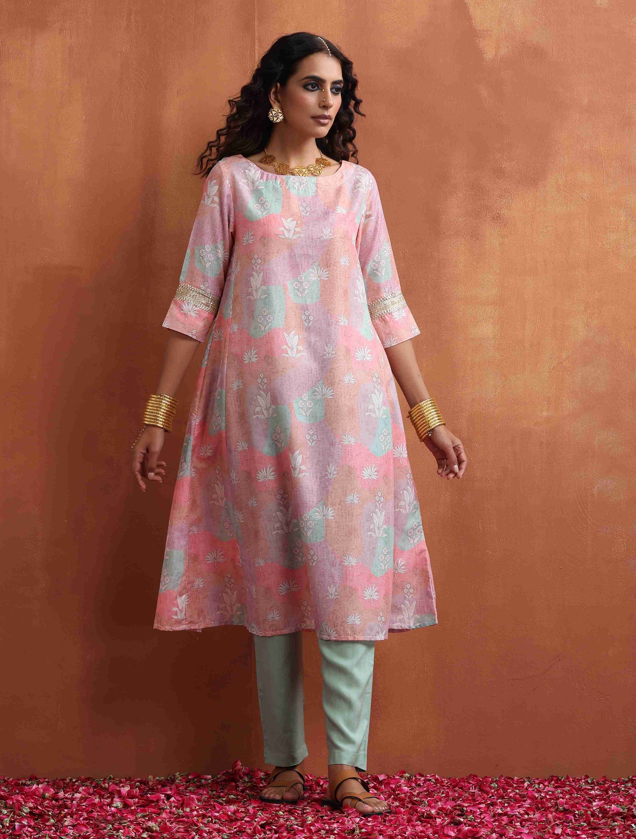 trueBrowns Beige Palm Print A-line Kurta Set