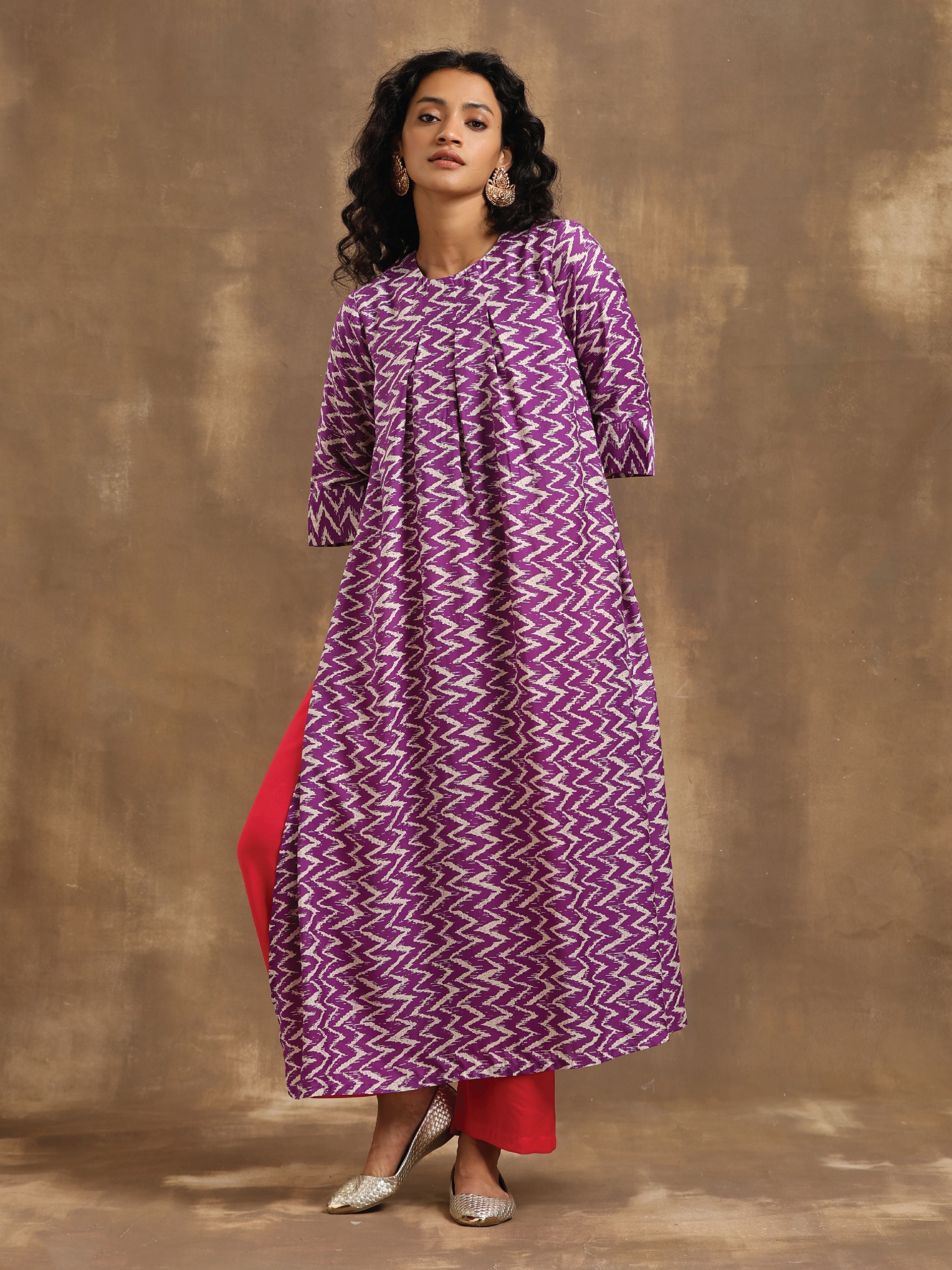 Purple Zig-Zag Printed Silk Kurta Pant Set