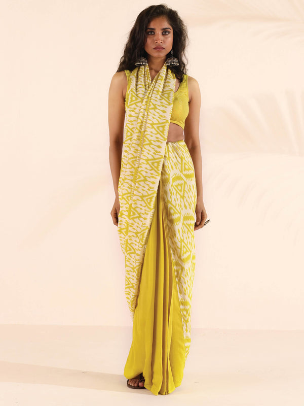 trueBrowns Lime Muslin Ikat Saree