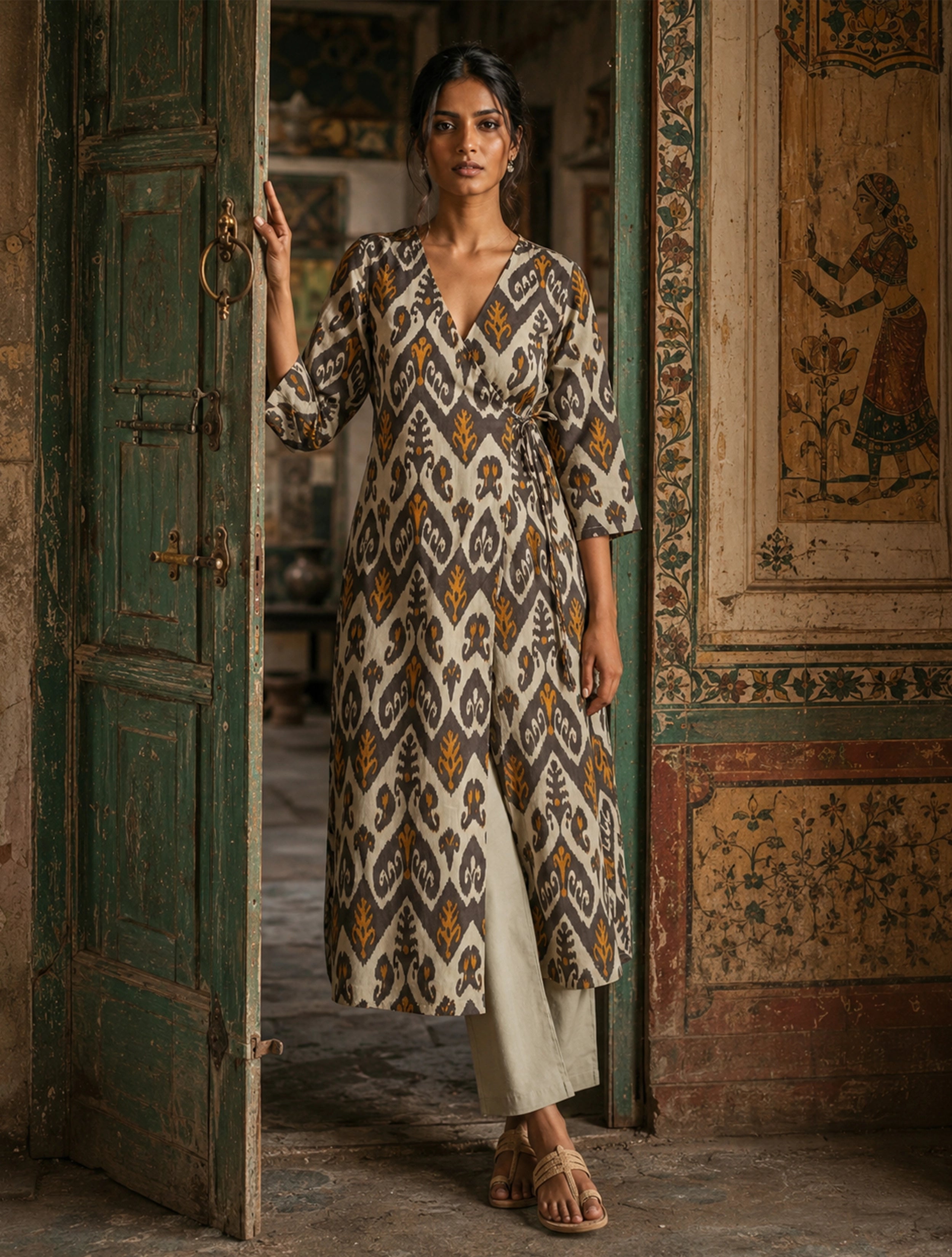 trueBrowns Mint Green Ikat Print Cotton Angrakha Kurta Set