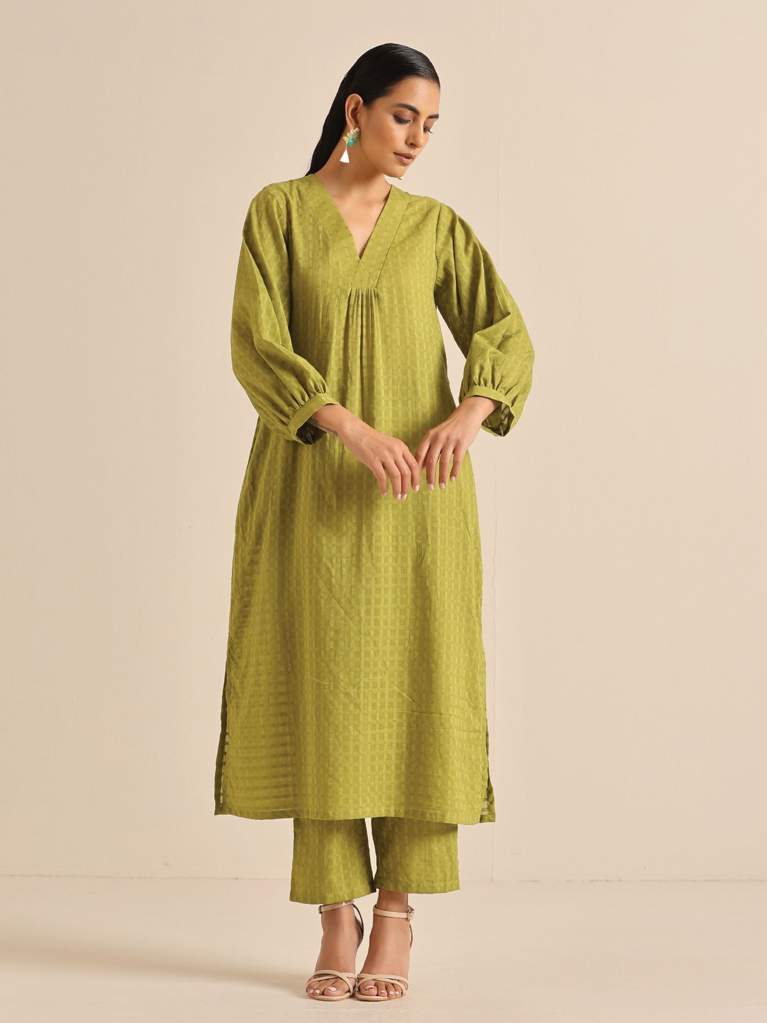 Fresh Green Dobby Puff Sleeve Kurta Pant Set