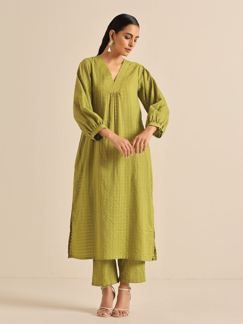Fresh Green Dobby Puff Sleeve Kurta Pant Set