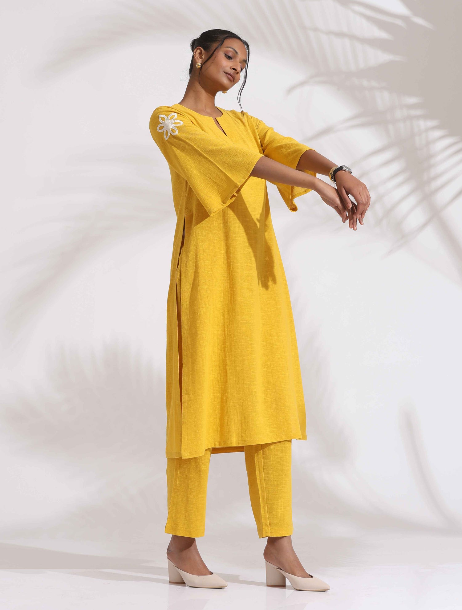 trueBrowns Yellow Cotton Slub Embroidered Straight Kurta Set